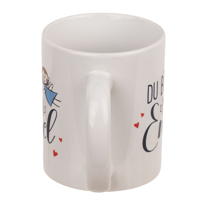 Witte keramische beker met oor. Opschrift: Du bist mein Engel. Engel-illustratie en rode harten.