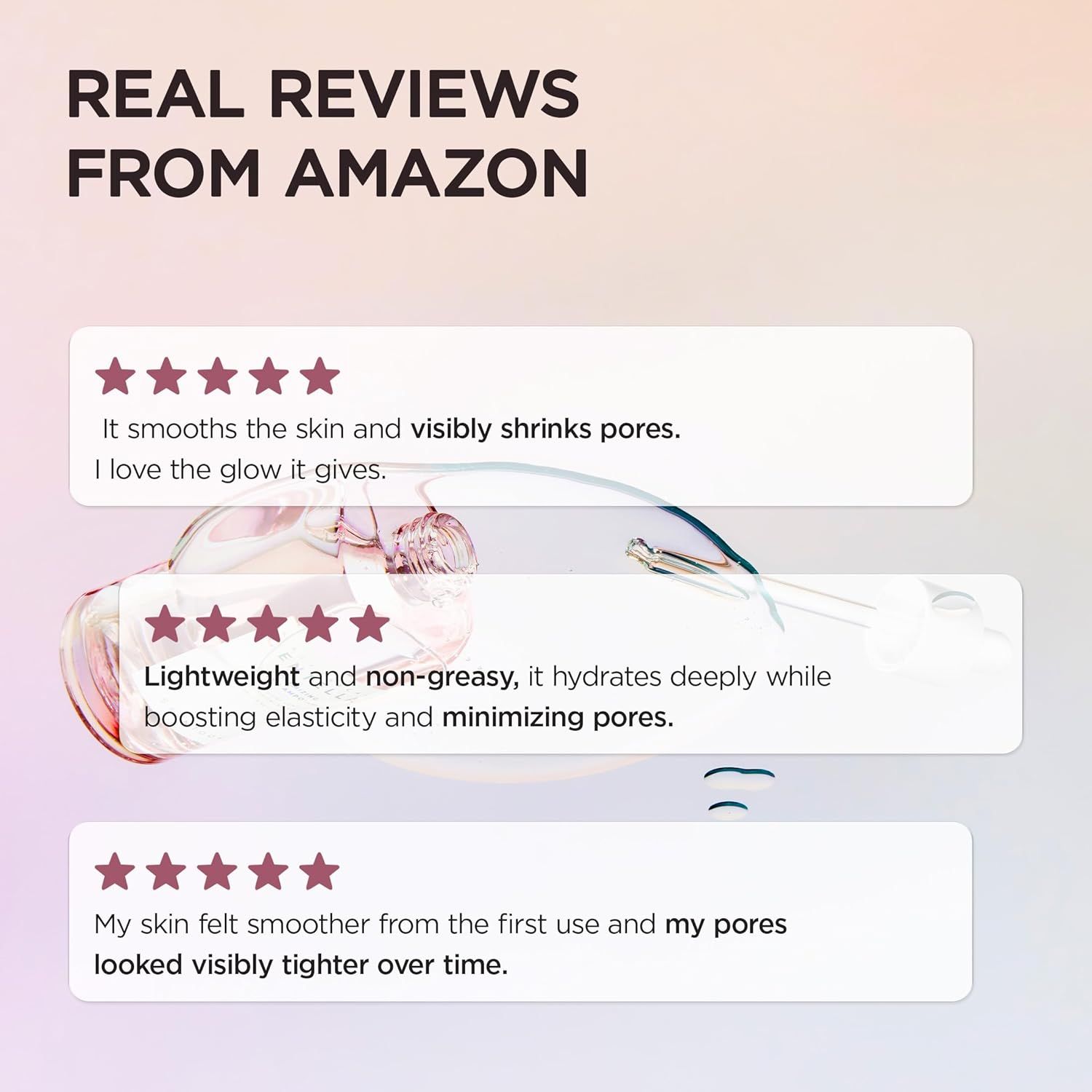 Avis Amazon. Évaluations par étoiles et texte. Descriptions : peau lisse, pores réduits, éclat. Léger, non gras, hydrate.