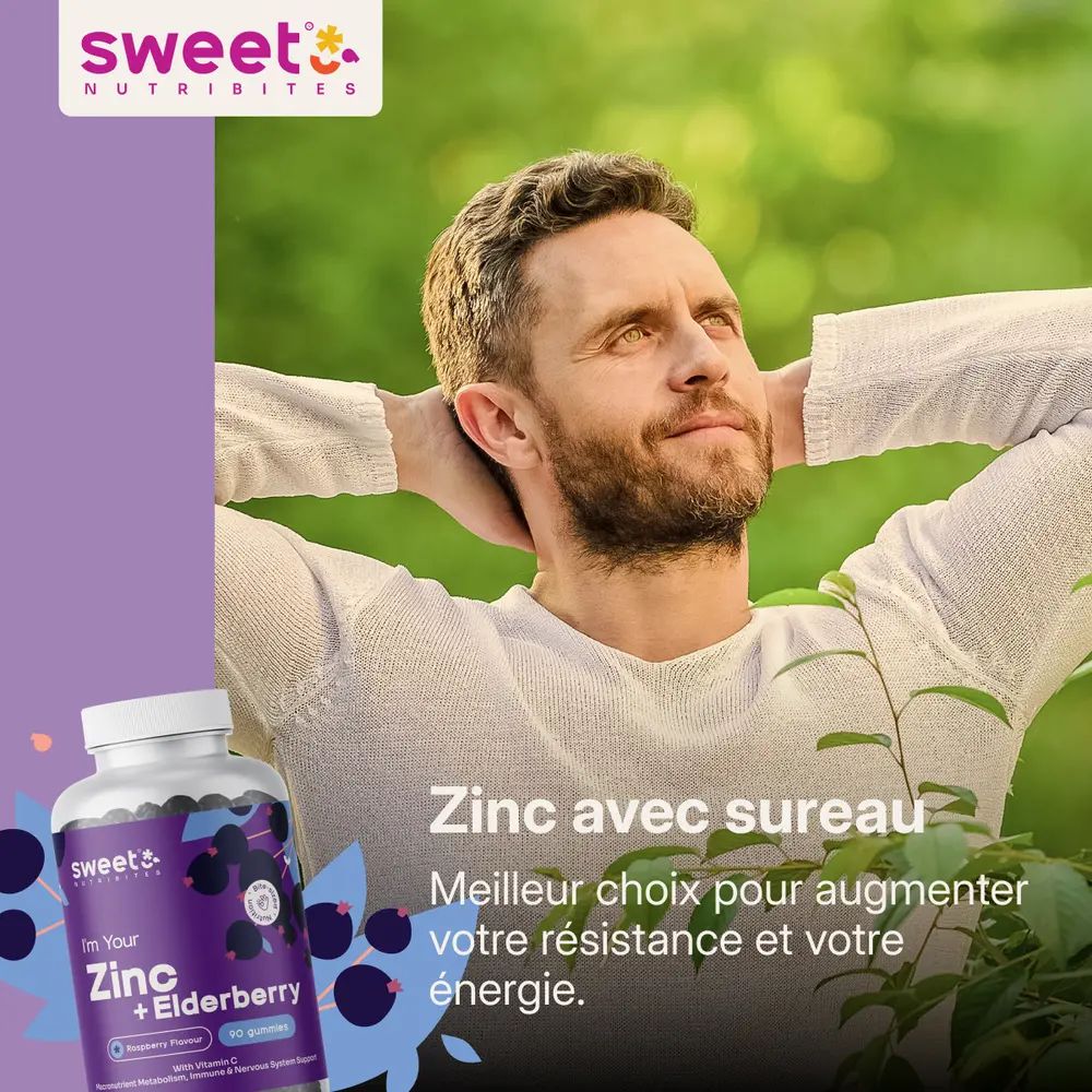 Homme à l'extérieur. Flacon de gummies Zinc + Sureau. Texte : Zinc avec sureau. Meilleur choix pour augmenter votre résistance et votre énergie.