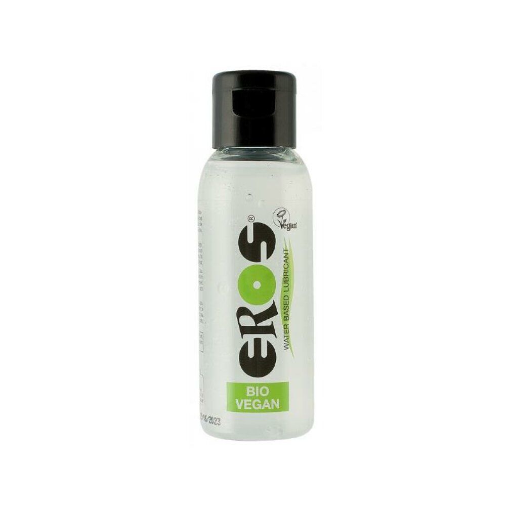 Flacon transparent avec bouchon noir. Inscription EROS, BIO VEGAN. Label Vegan.