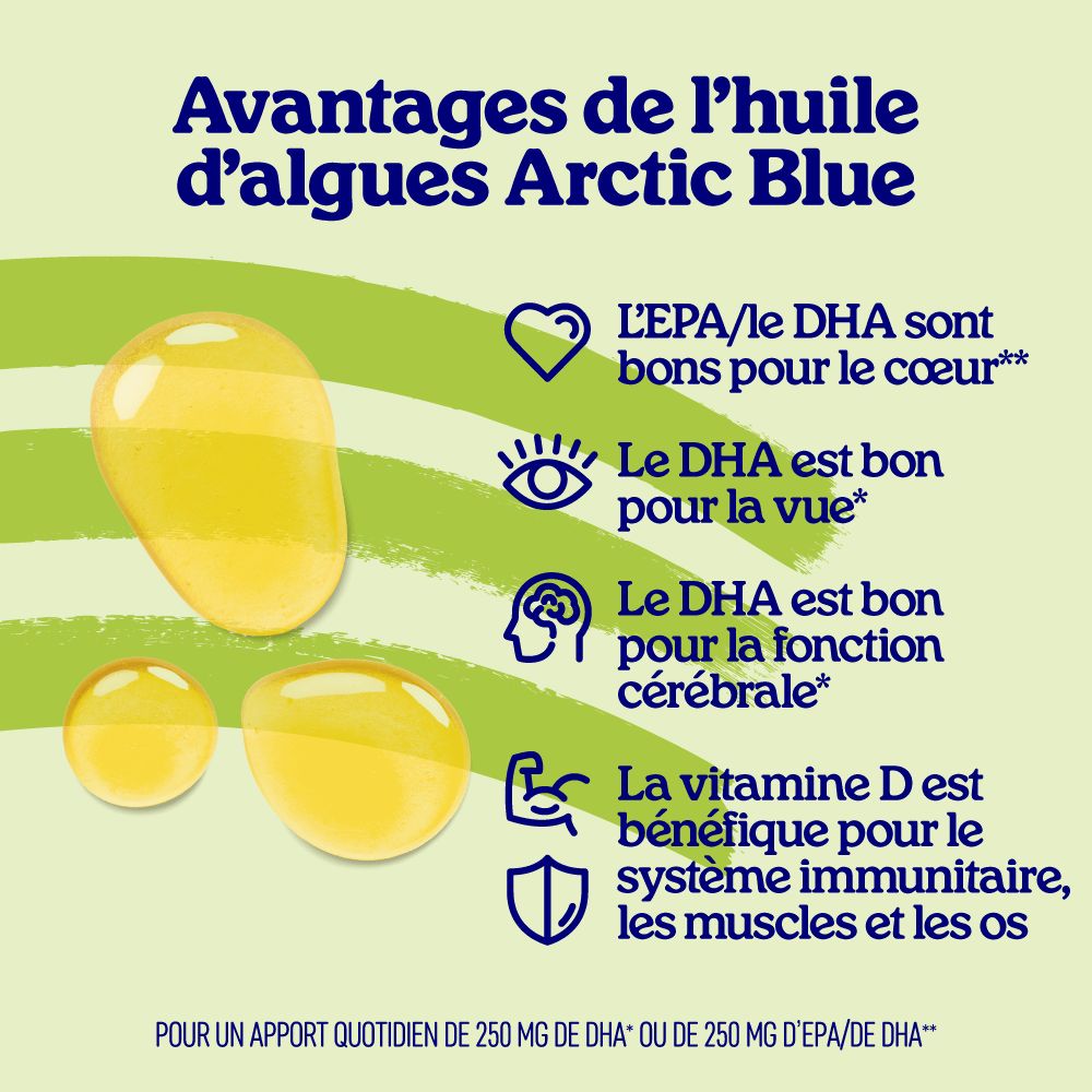 Bouteille d'huile d'algues Oméga 3 saveur citron, label V-Label Vegan et informations sur les ingrédients.