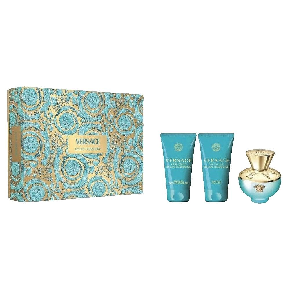 Versace Dylan Turquoise cadeauverpakking. Parfum, twee douchegels en een turquoise en goudkleurige doos.