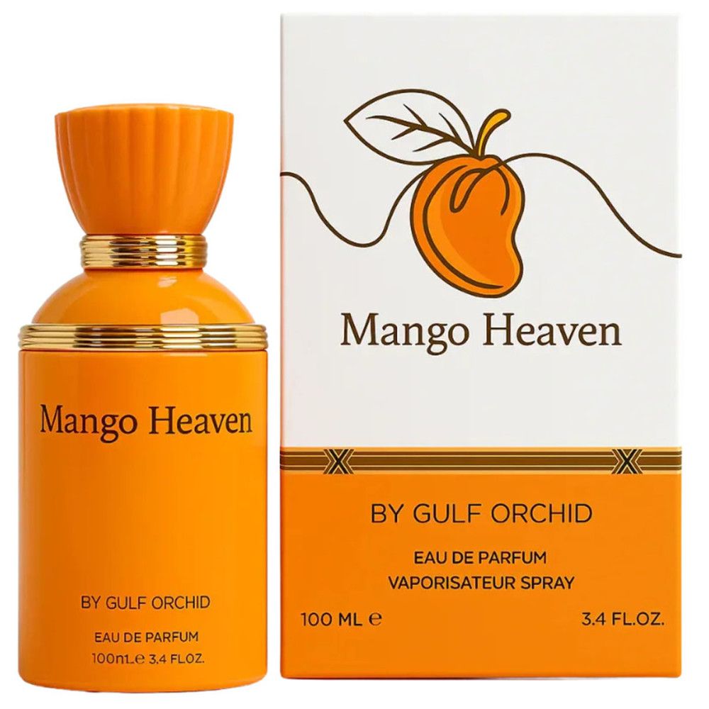 Flacon orange avec bouchon doré et inscription Mango Heaven. À côté, une boîte avec une illustration de mangue.