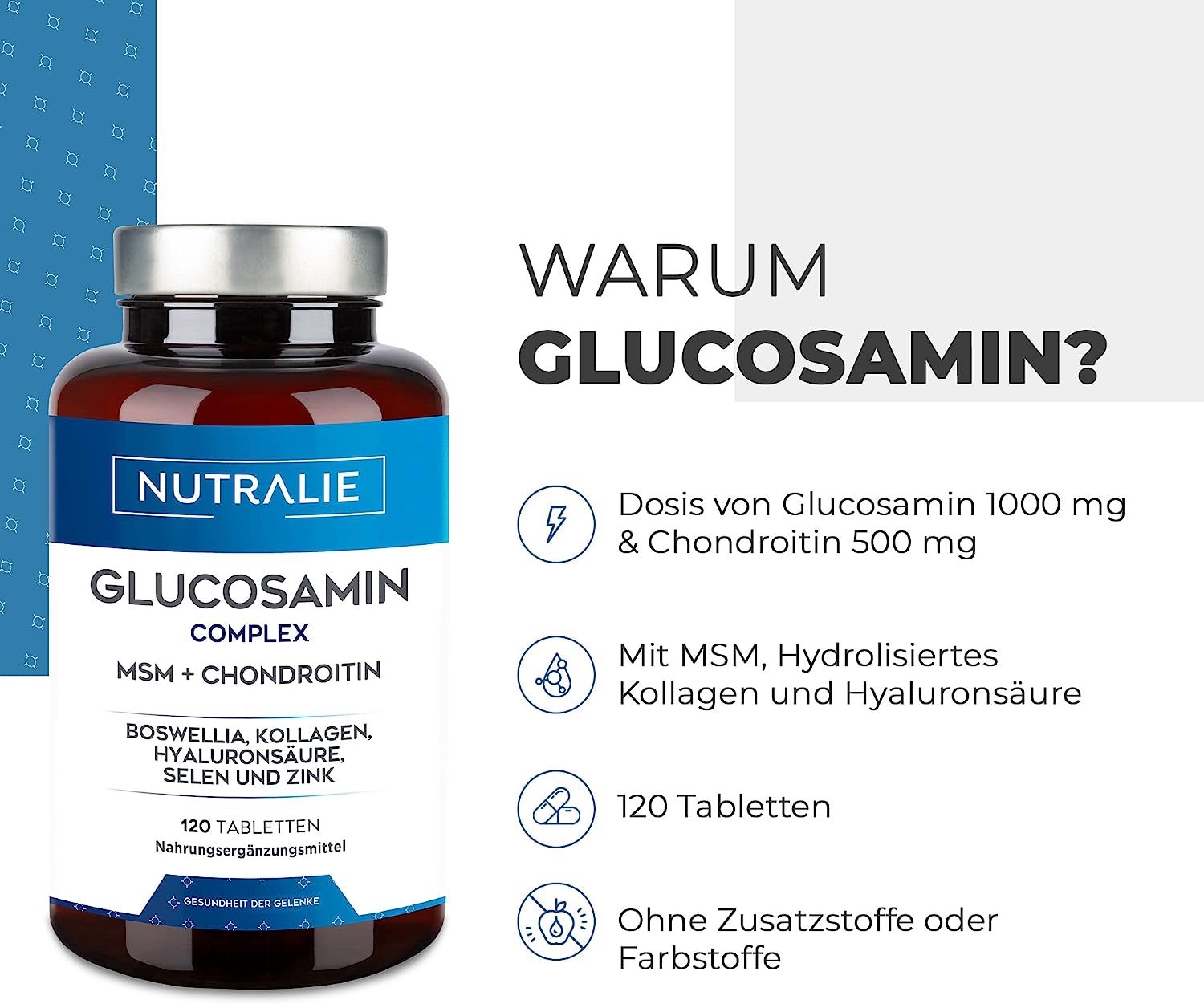 Nutralie Glucosamine Complex fles met informatie over dosering en ingrediënten.