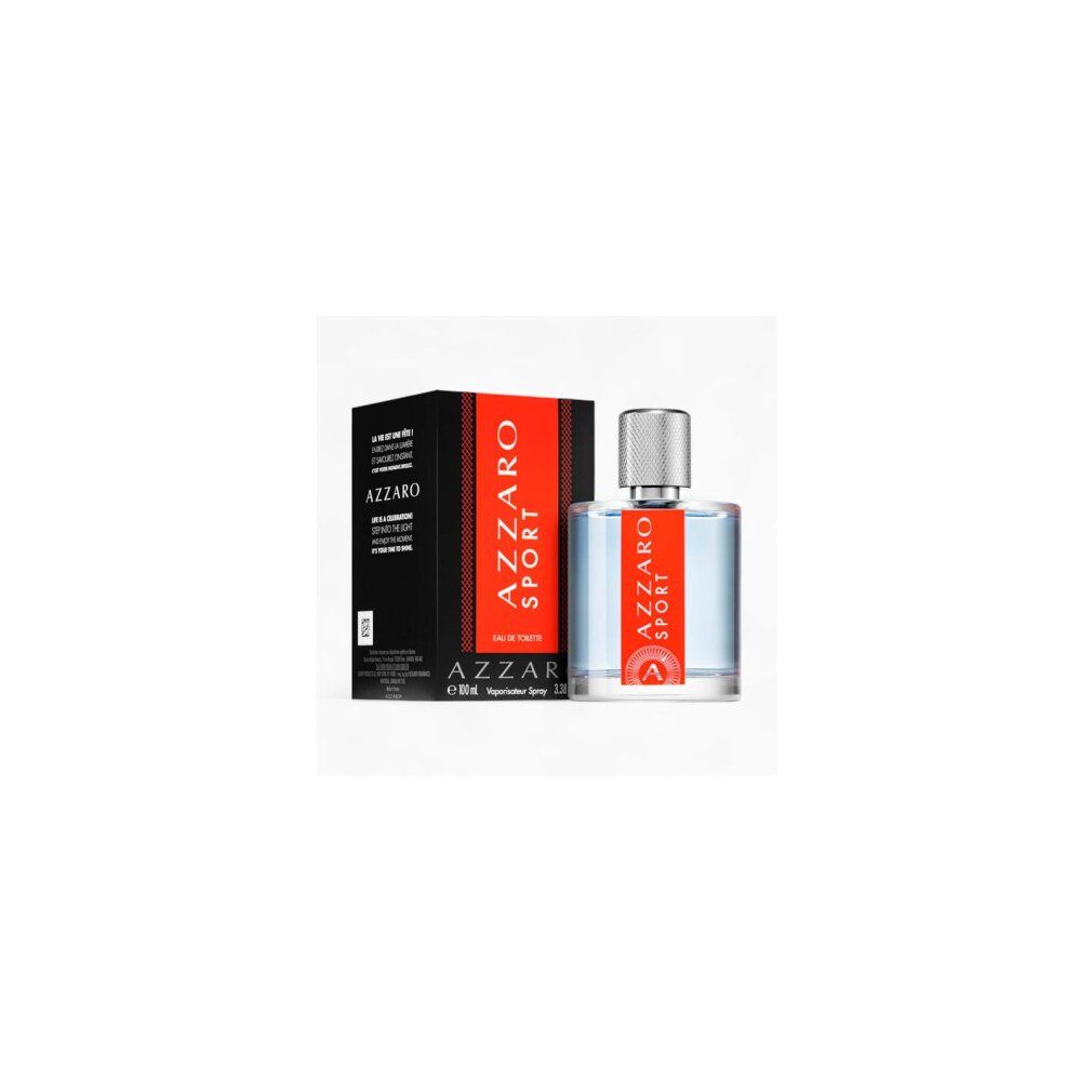 Flacon et emballage avec bande rouge. Inscription : AZZARO SPORT. Flacon avec bouchon argenté.