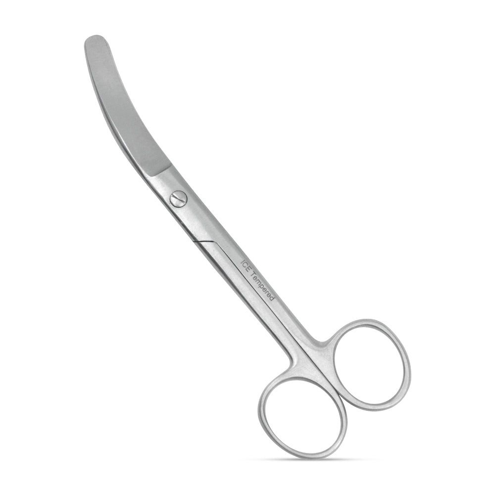 Ciseaux à pansements courbés en acier inoxydable avec deux anneaux de préhension et une connexion à vis.
