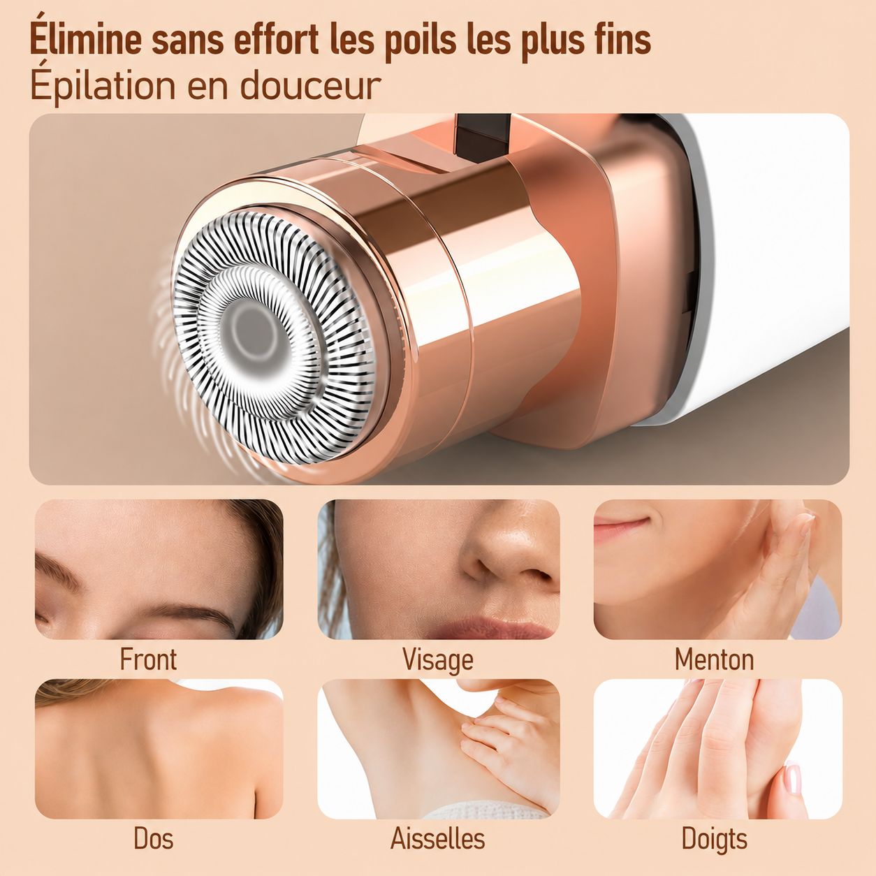 Épilateur électrique avec lame rotative et accents or rose.