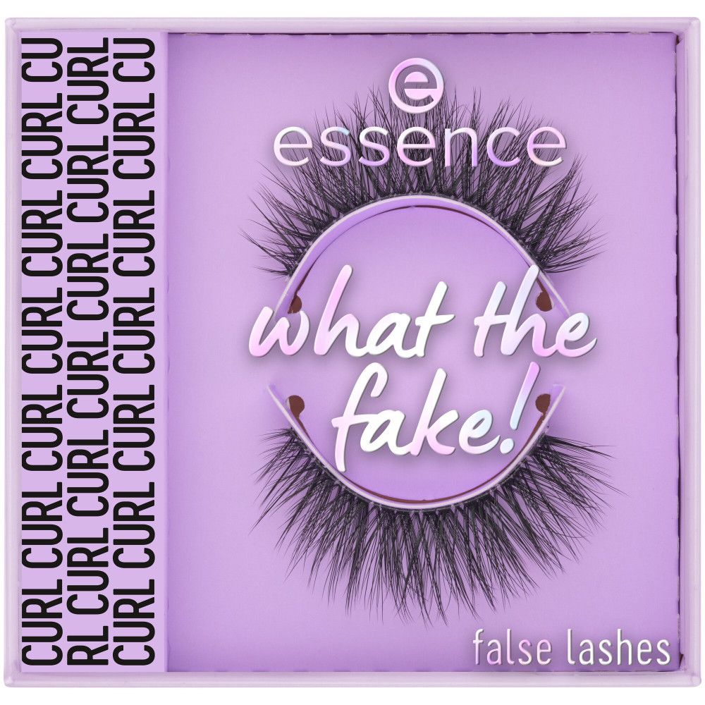 Emballage de faux cils Essence What The Fake!. Boîte violette avec produit et lettrage.