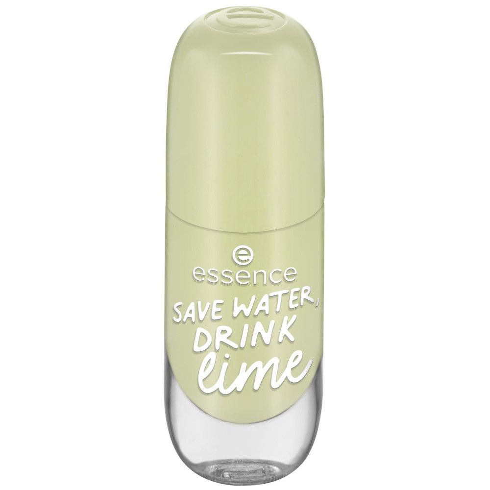Flacon de vernis à ongles avec bouchon fermé. Liquide vert clair. Inscription: SAVE WATER DRINK lime. Marque: essence.