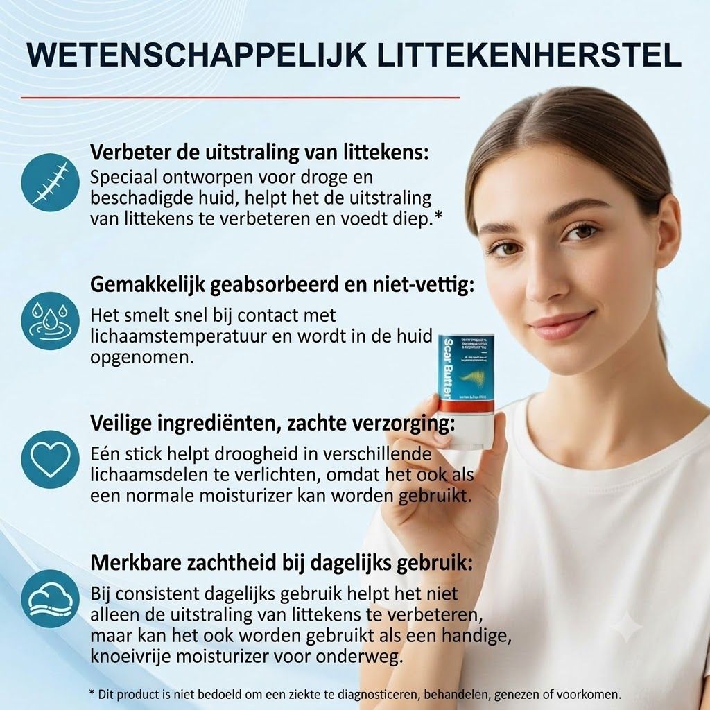 Vrouw houdt een littekenverzorgingsstick vast met opschrift 'Scar Butter'.