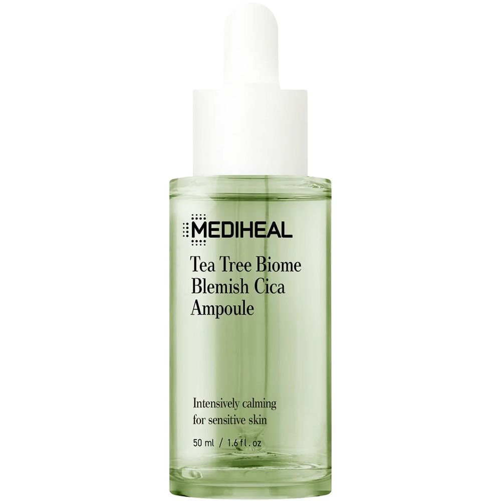Flacon en verre vert avec bouchon blanc et pipette. Inscription: MEDIHEAL Tea Tree Biome Blemish Cica Ampoule.