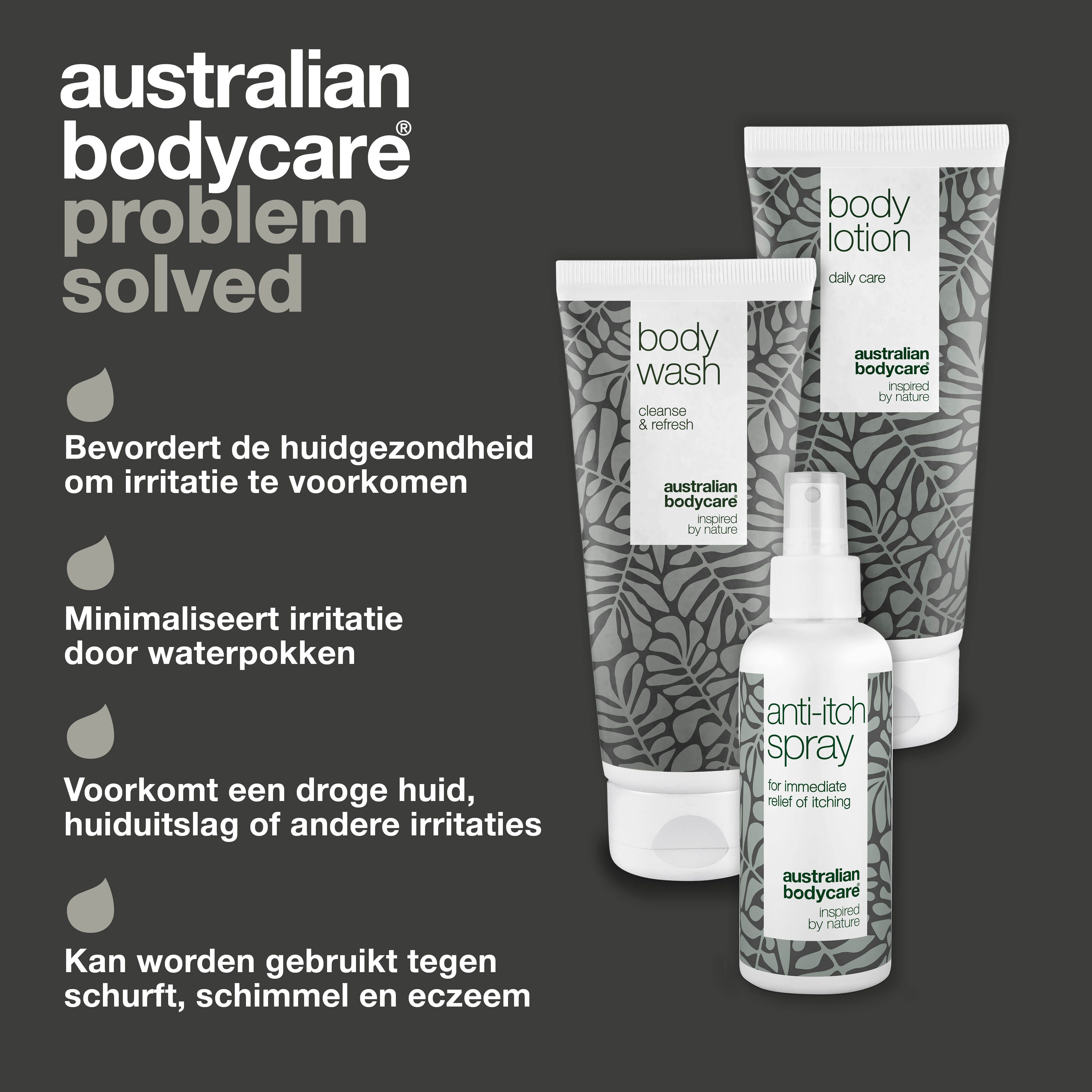 Drie producten van Australian Bodycare: Body Wash, Body Lotion en Anti-jeuk Spray. Zwarte achtergrond.
