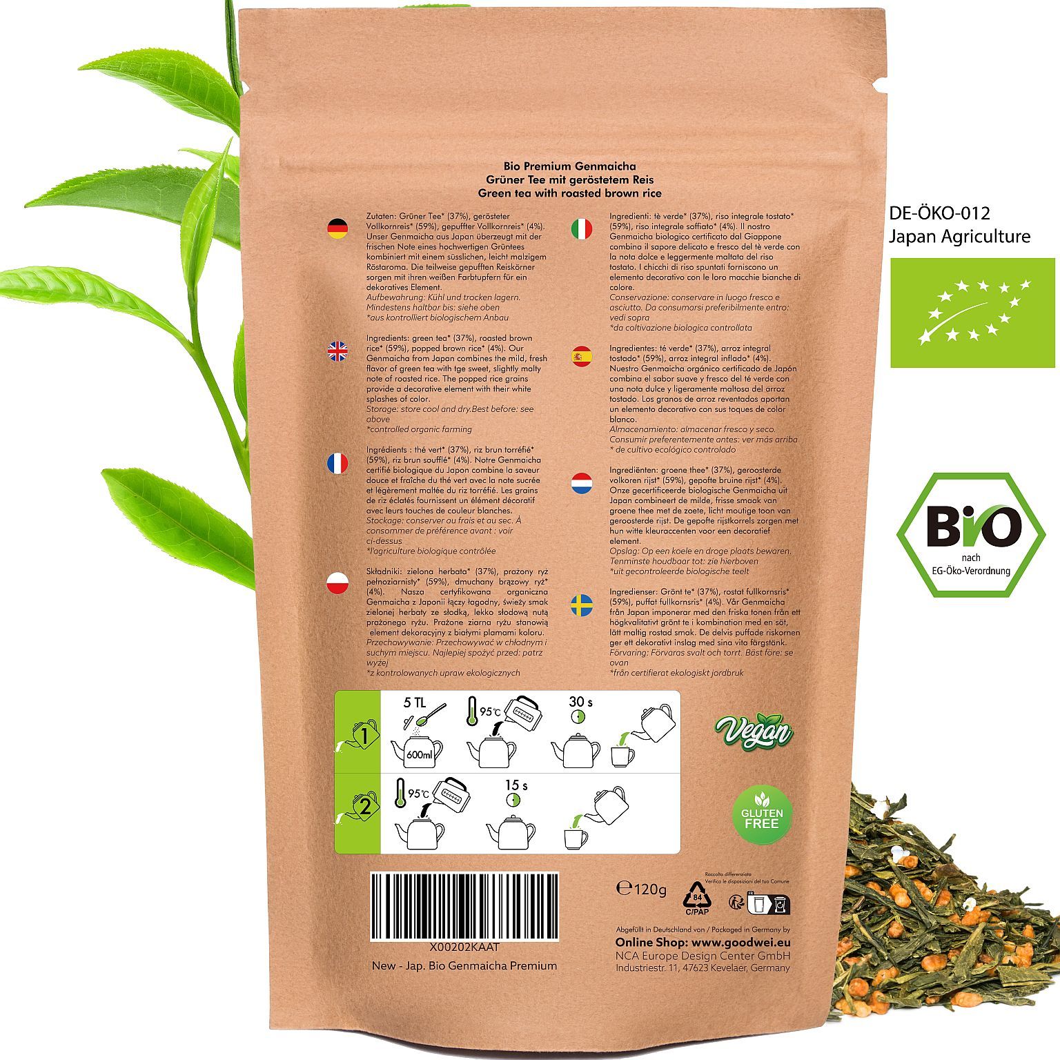 Achterkant van de papieren zak met tekst en logo's. Informatie over ingrediënten en bereiding. Bio-keurmerk.