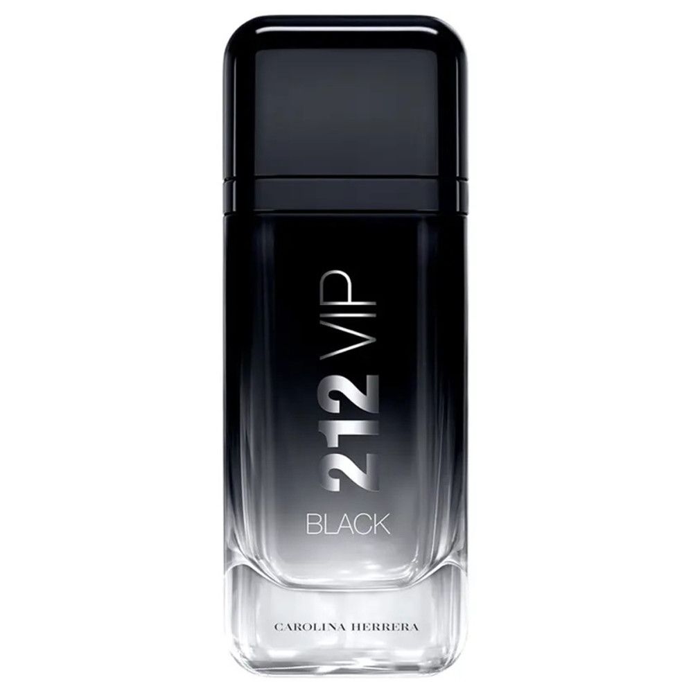 Flacon noir. Inscription : 212 VIP BLACK, Carolina Herrera. Flacon avec dégradé de couleurs.