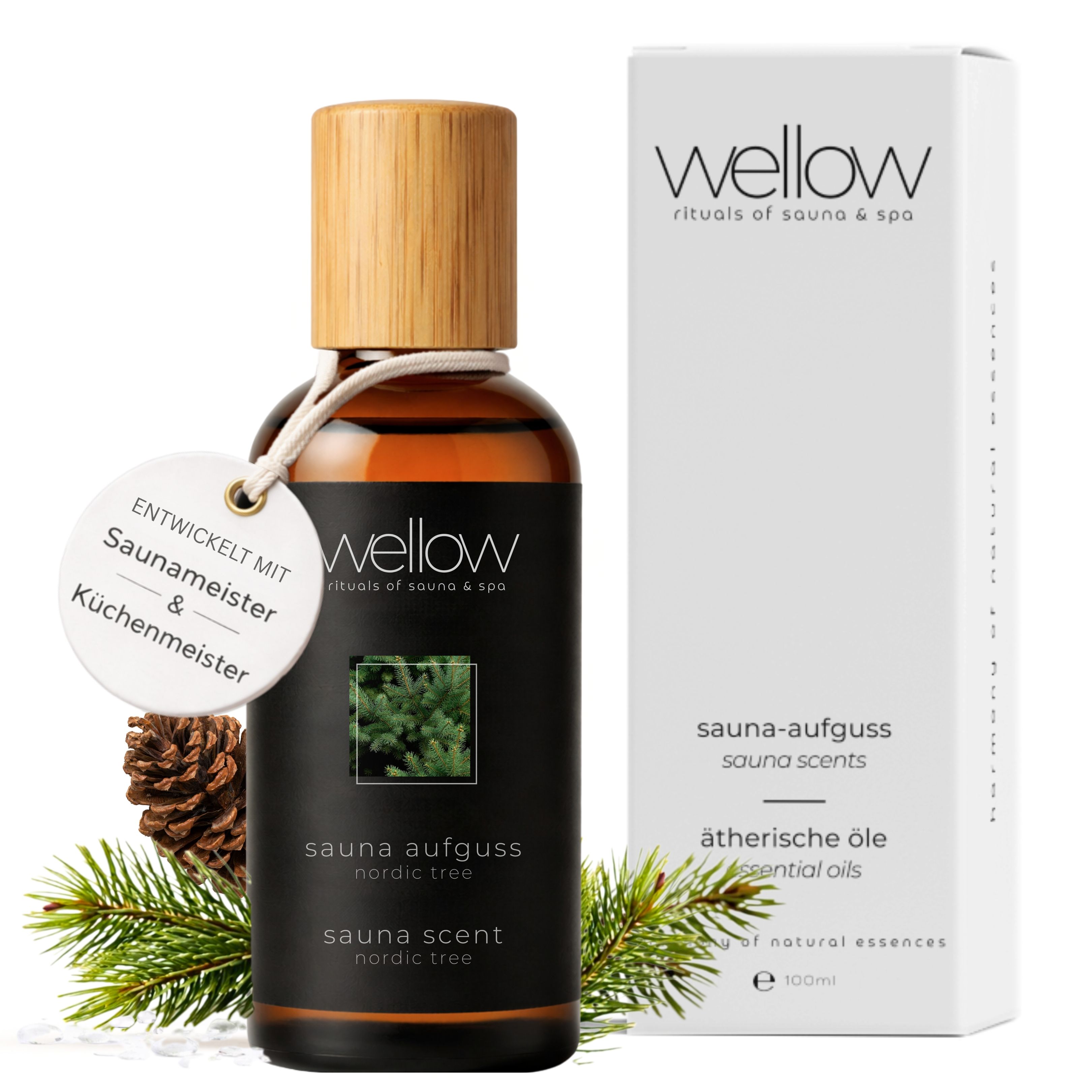 Flacon avec bouchon en bois, étiquette et emballage blanc. Texte : Sauna-Aufguss, huiles essentielles. Sauna Scent Nordic Tree. 100ml.
