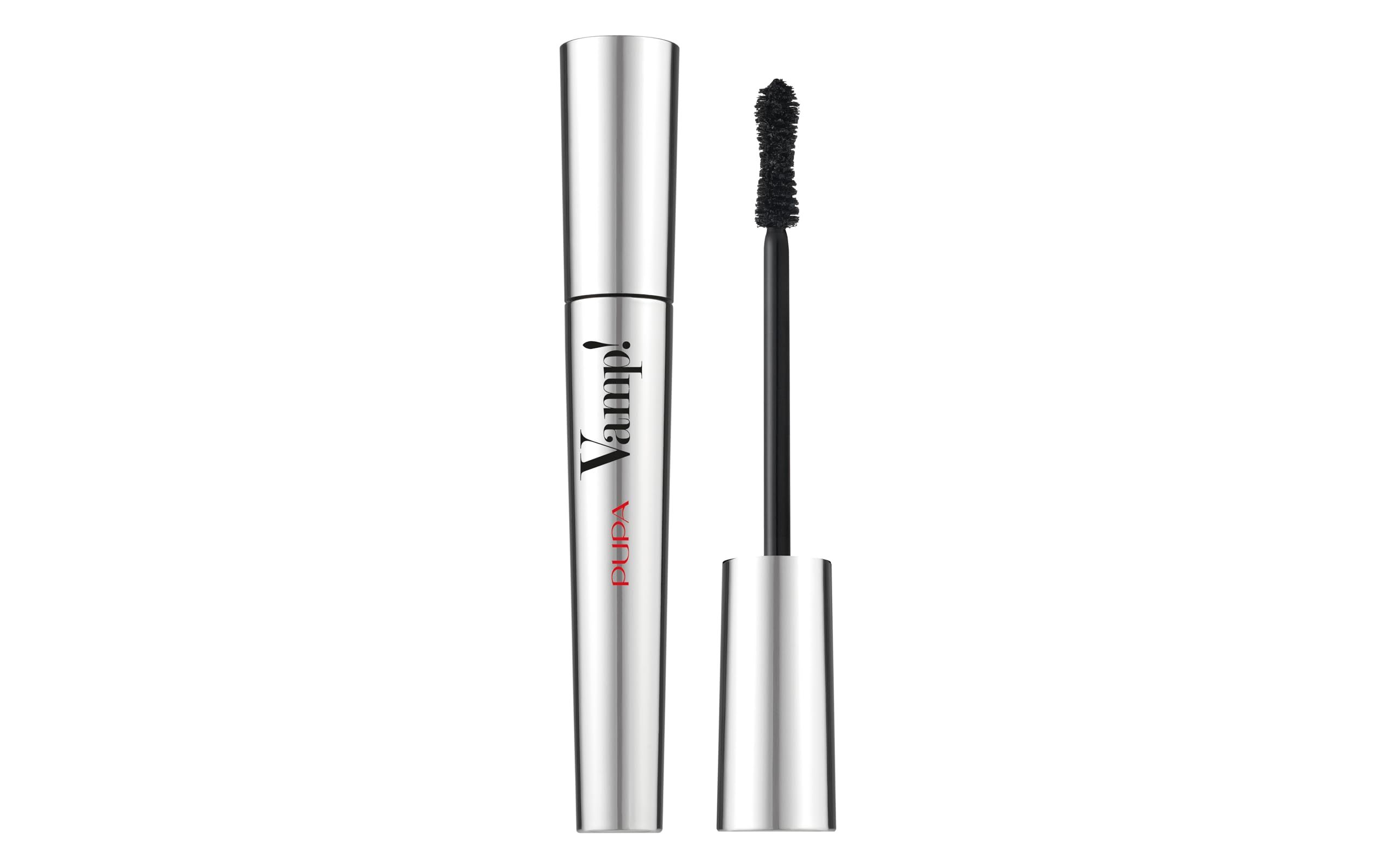 Tube de mascara et brosse. Boîtier argenté, brosse noire, inscription Vamp!