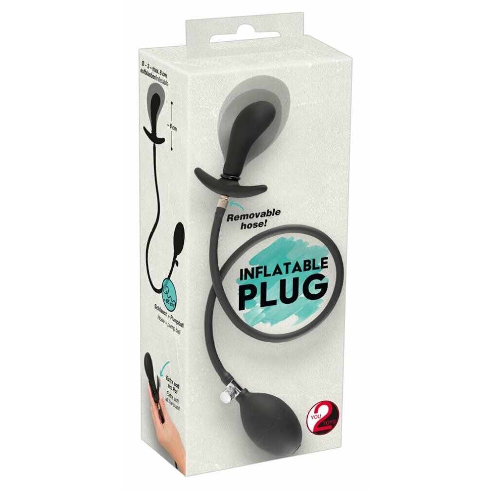 Verpakking van een opblaasbare plug met afbeeldingen van gebruik en kenmerken.