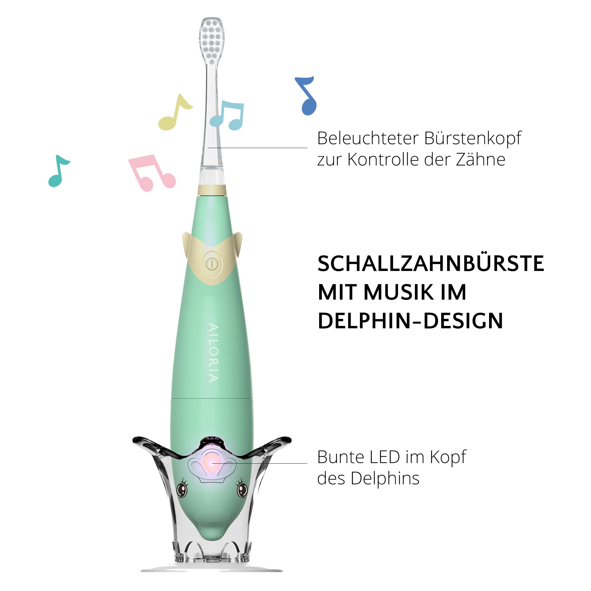 Brosse à dents électrique verte avec support. Texte: Brosse à dents sonique en forme de dauphin avec musique.