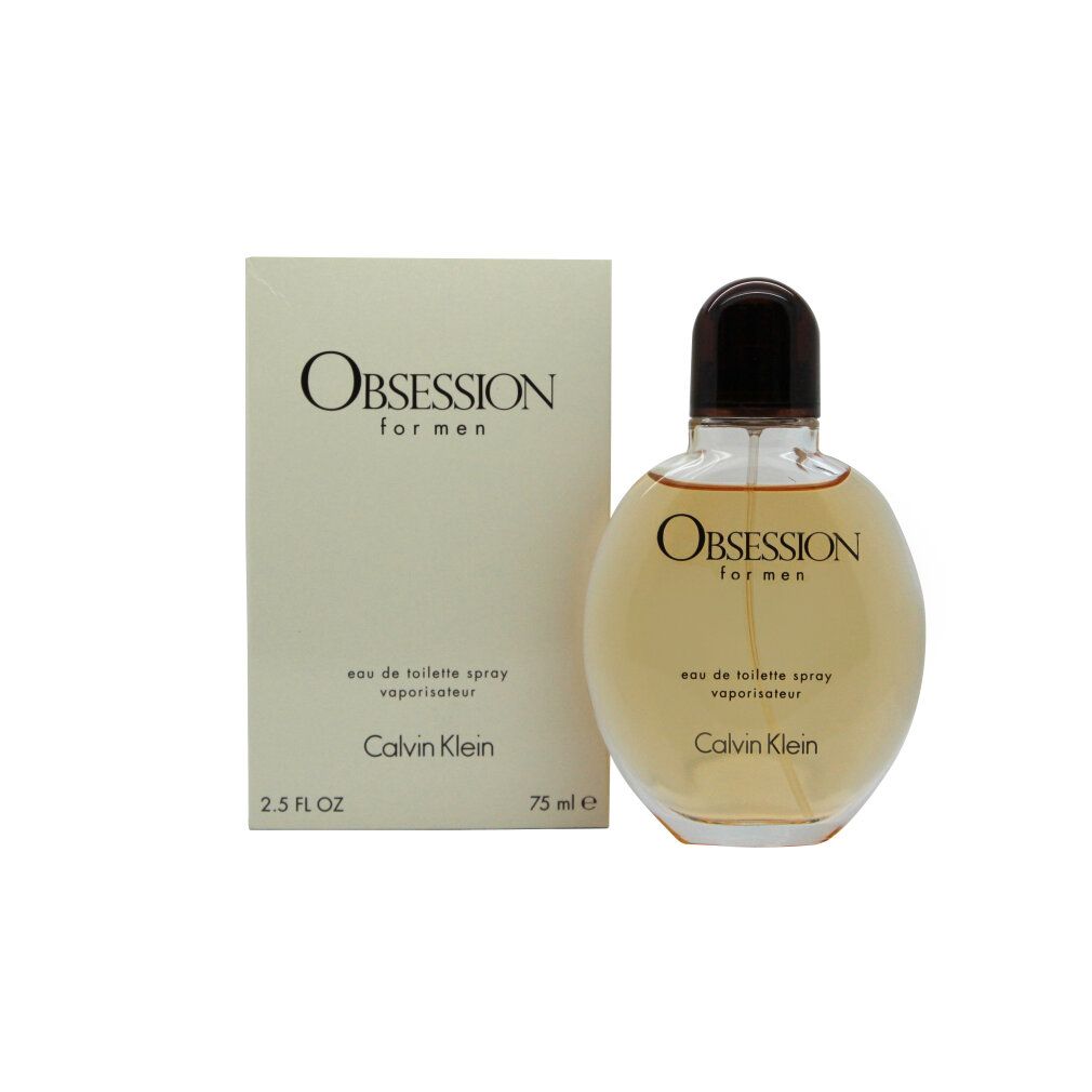 Flacon et emballage. Flacon rond, bouchon marron. Emballage blanc. Inscription: Obsession for men, Calvin Klein.