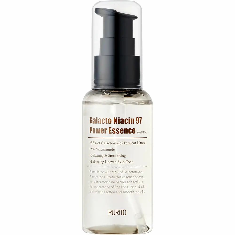 Transparante fles met zwarte pomp. Opschrift: Galacto Niacin 97 Power Essence. Bevat 5% Niacinamide. Merk: PURITO.