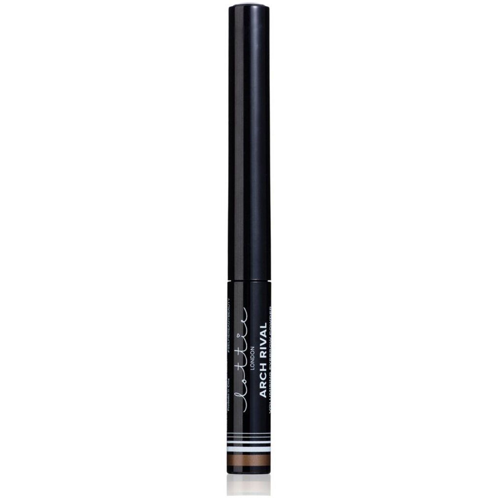 Zwarte pen, Lottie London Arch Rival Brow Volume Powder. Bruine punt. Verticale weergave.