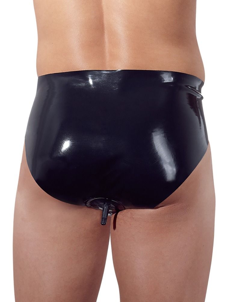 Achterkant van een latex slip voor heren met geïntegreerde plug.
