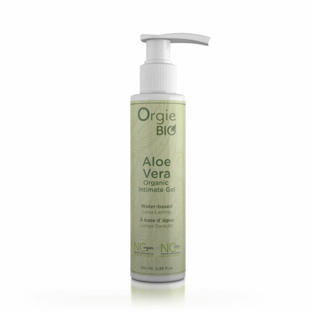 Fles met pomp. Opschrift: Orgie BIO Aloe Vera Organic Intimate Gel. Op waterbasis, langdurig.