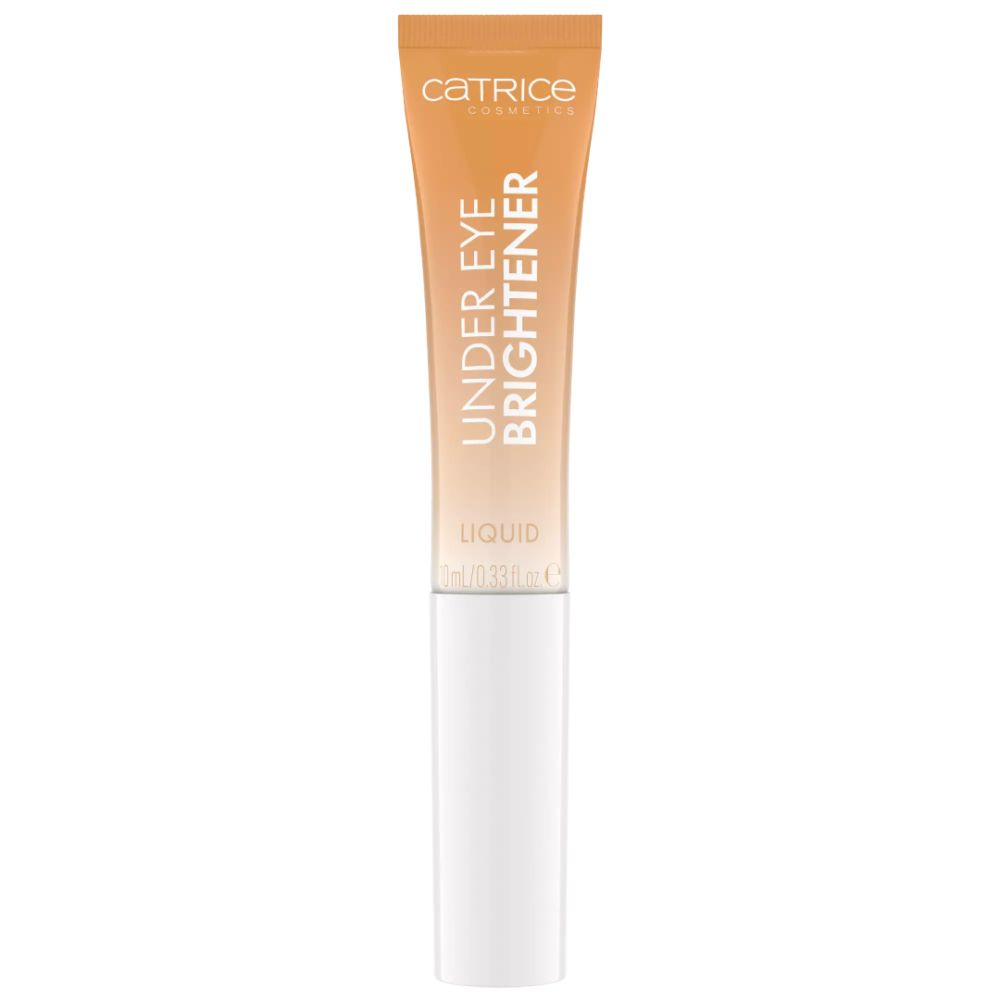 Tube de correcteur liquide. Teinte orangée, applicateur blanc. Inscription : Catrice, Under Eye Brightener, Liquid.