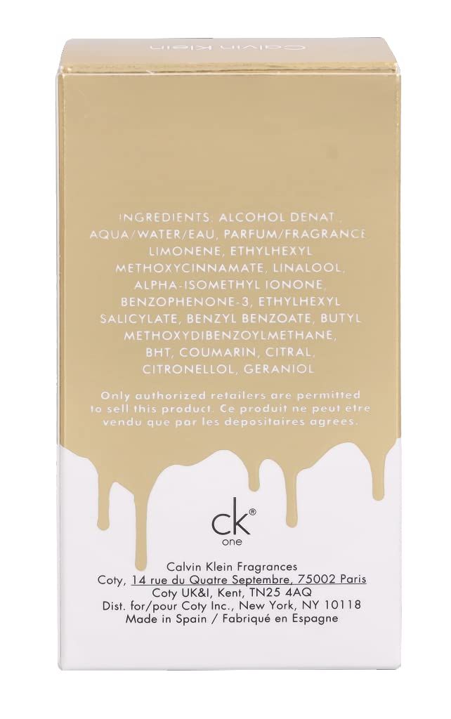 Dos de l'emballage. Ingrédients, adresse du fabricant, logo "ck one". Design dégoulinant. Texte en anglais et français.