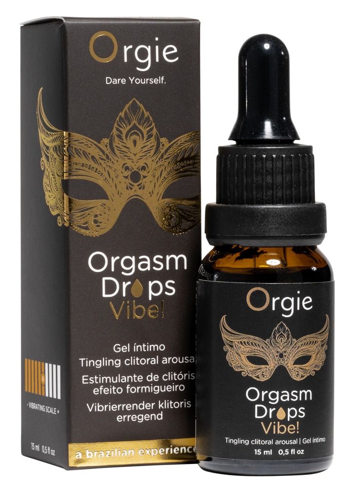 Bruine fles met druppelaar en zwarte verpakking. Productnaam: Orgie Orgasm Drops Vibe! Tekst: Gel intimo. 15 ml.