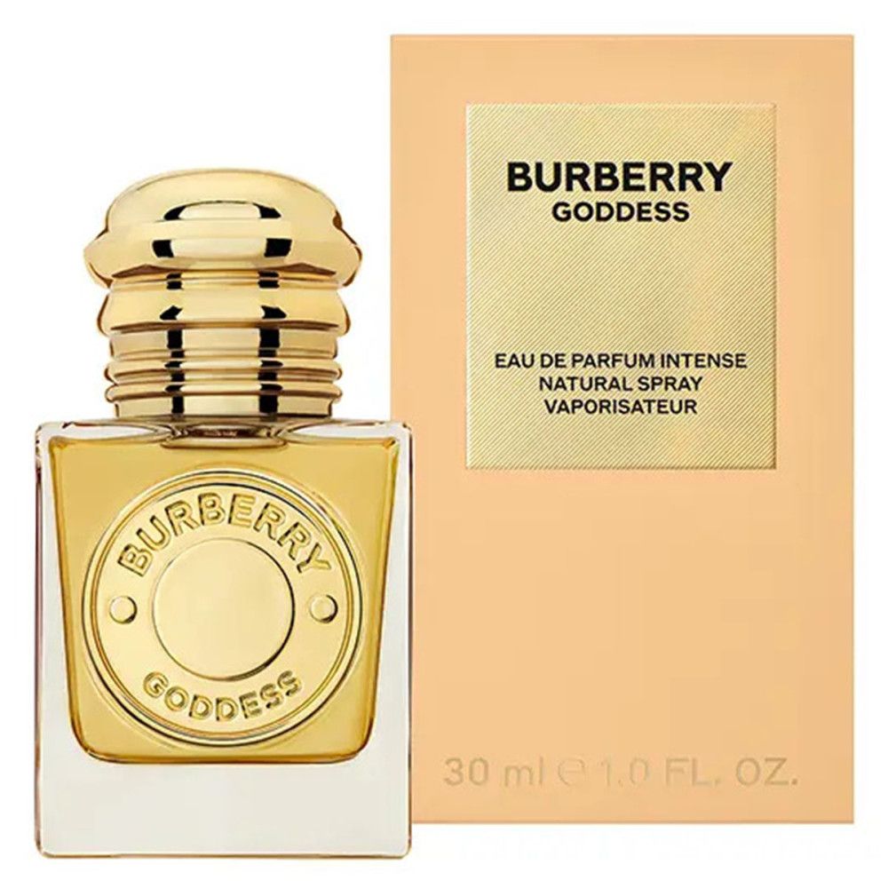 Burberry Goddess Intense Eau de Parfum. Flacon et emballage. 30 ml. Flacon doré avec logo. Emballage avec nom du produit.