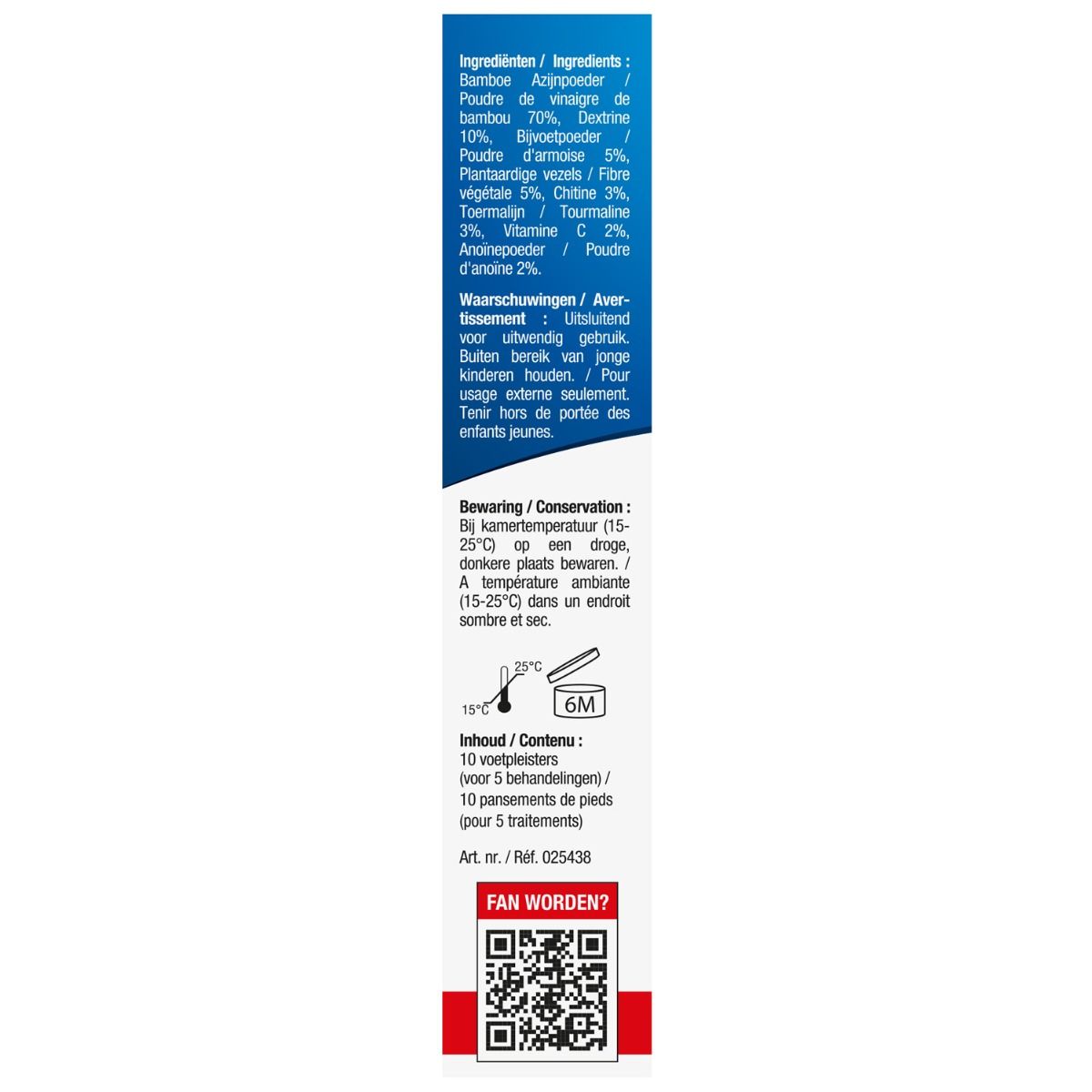 Vue latérale de l'emballage avec informations sur le contenu et avertissements. Contient des informations sur les ingrédients et le stockage.