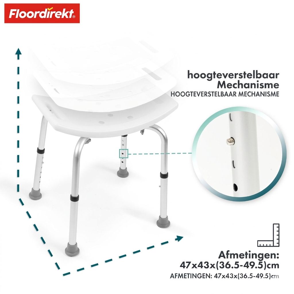Douchekruk met witte zitting, zilveren poten. In hoogte verstelbaar. Merk: Floordirekt.