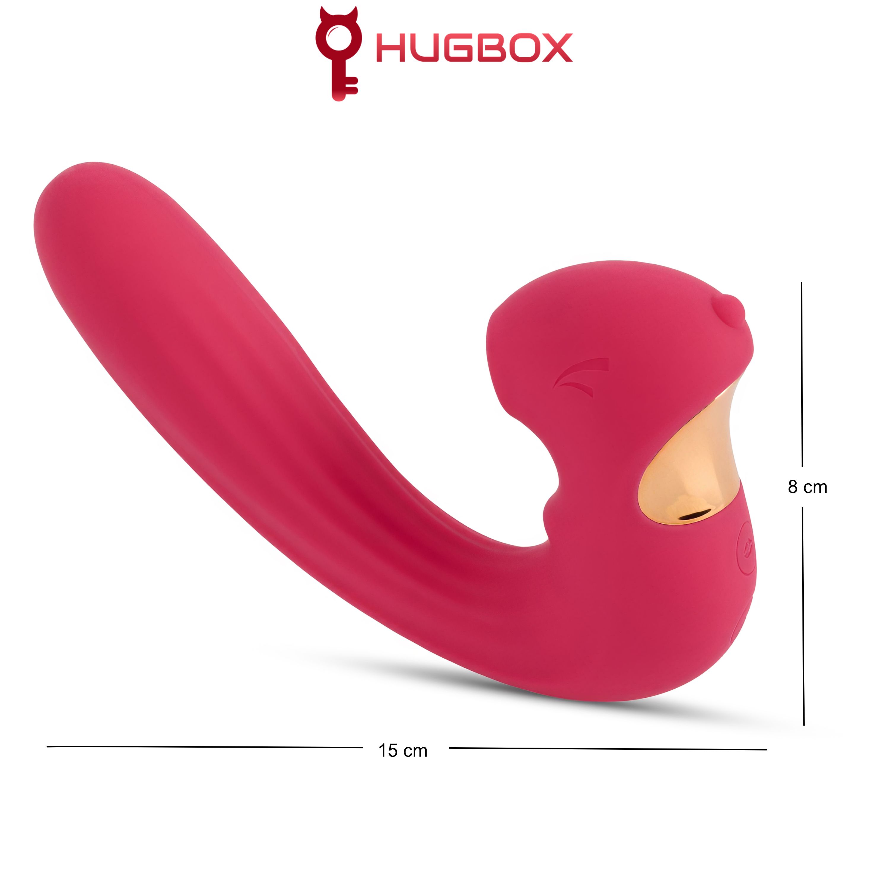 Vibrateur rose avec accent doré. Dimensions : 15 cm de long, 8 cm de haut. Logo HUGBOX.