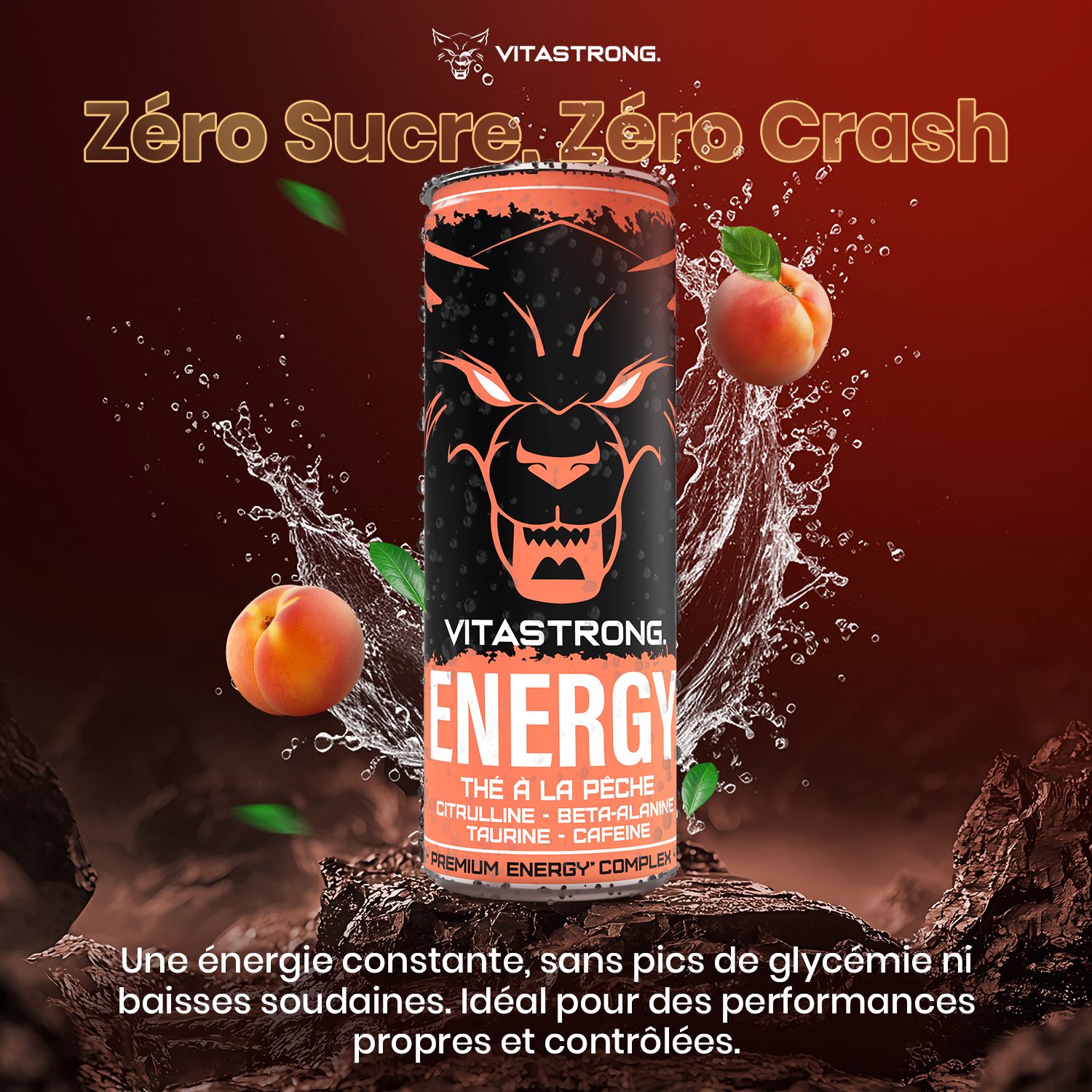 Blikje perzikt thee met water. Tekst: Nul suiker, nul crash. Afbeeldingen: perziken, water. Tekst: Energie, zonder suiker.