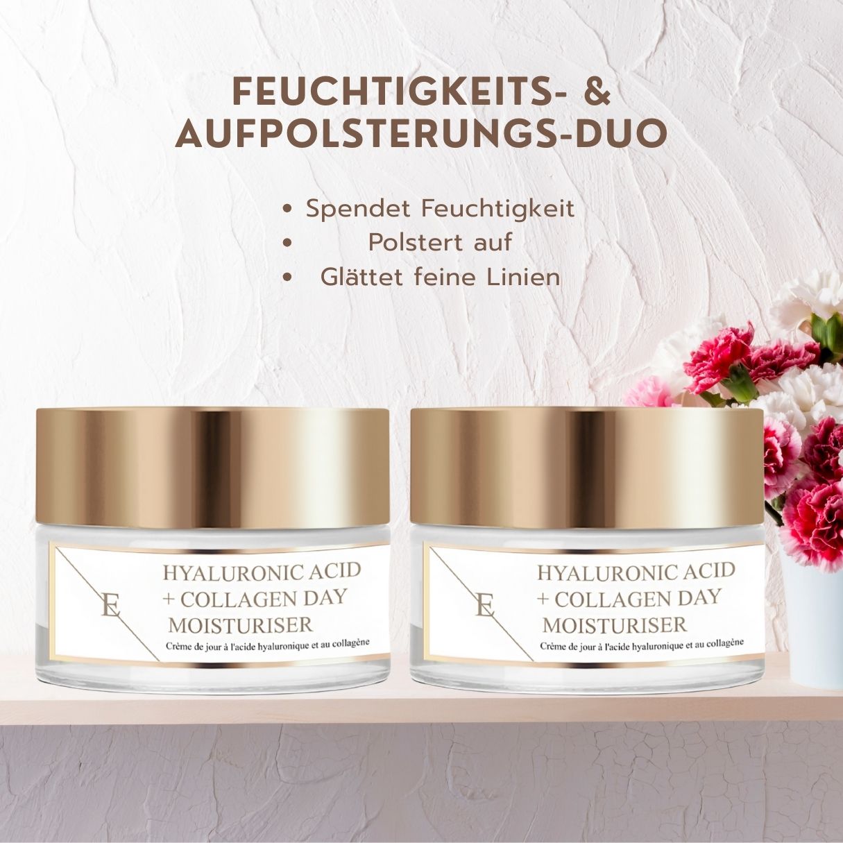 Deux pots de crème de jour Hyaluron + Collagène, duo hydratant et repulpant.