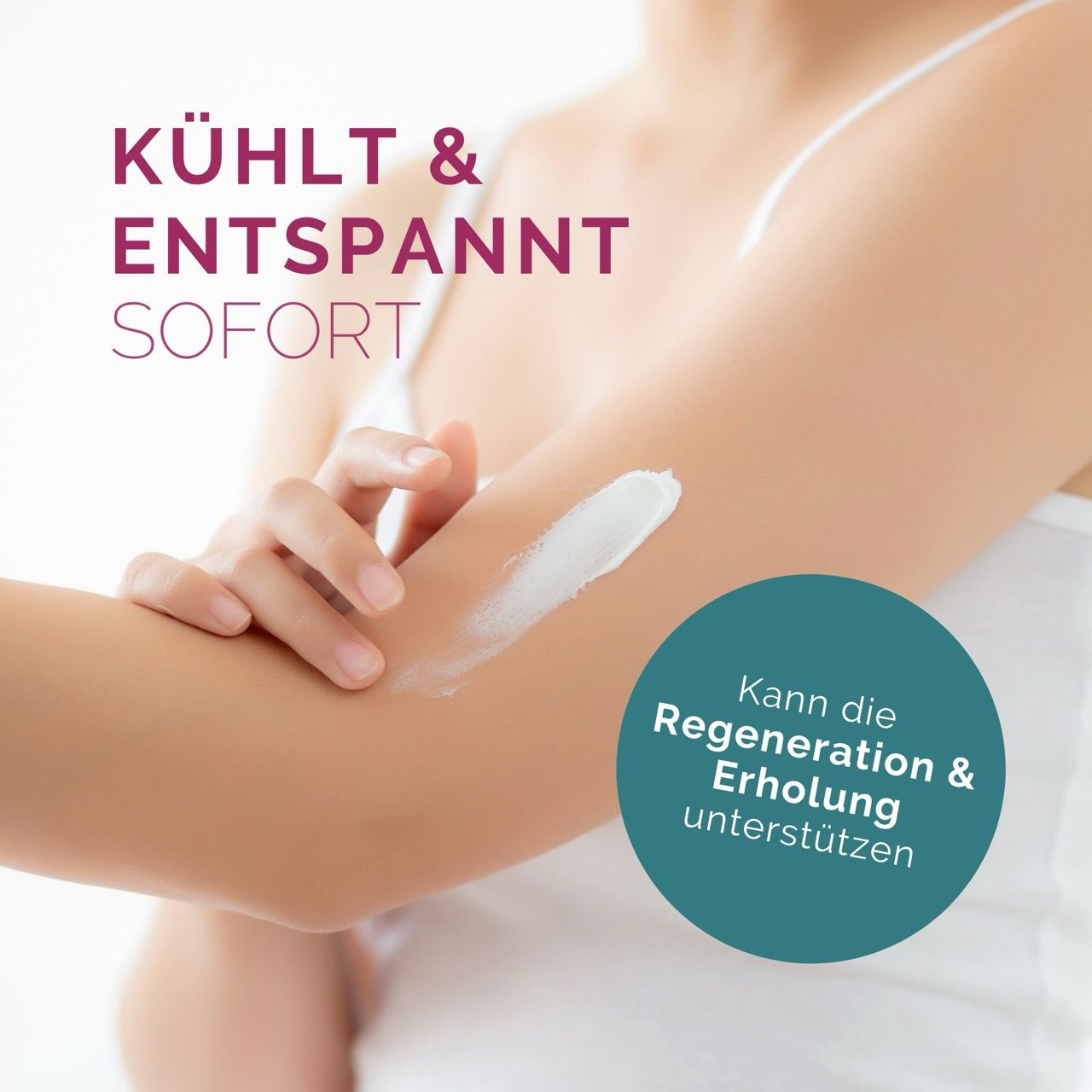 Arm ingesmeerd met crème. Tekst: KOELT & ONTSPANT ONMIDDELLIJK.