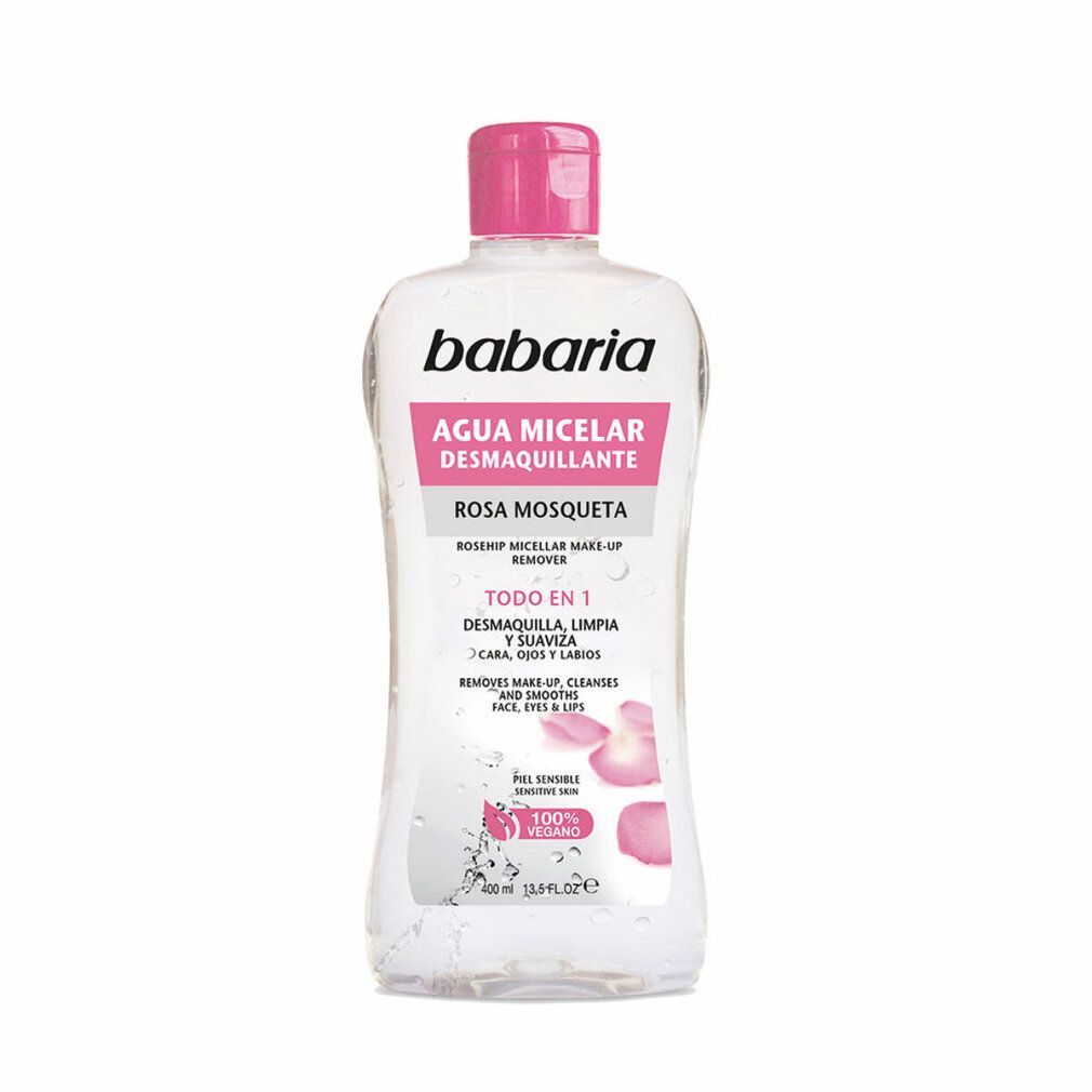 Babaria Agua Micelar Desmaquillante fles, roze dop. Opschrift: Rosa Mosqueta, Todo en 1, 100% Vegano.