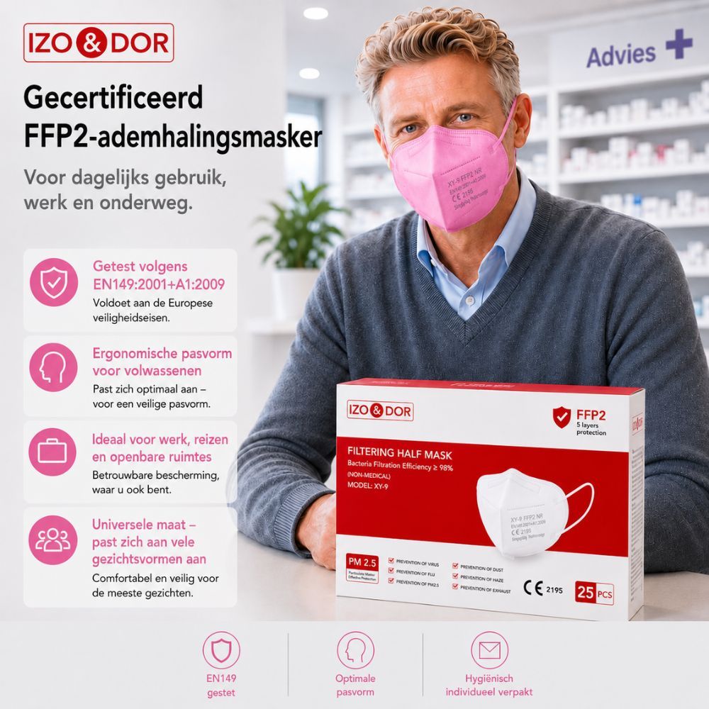 Man met roze FFP2 masker. Verpakking en certificering.