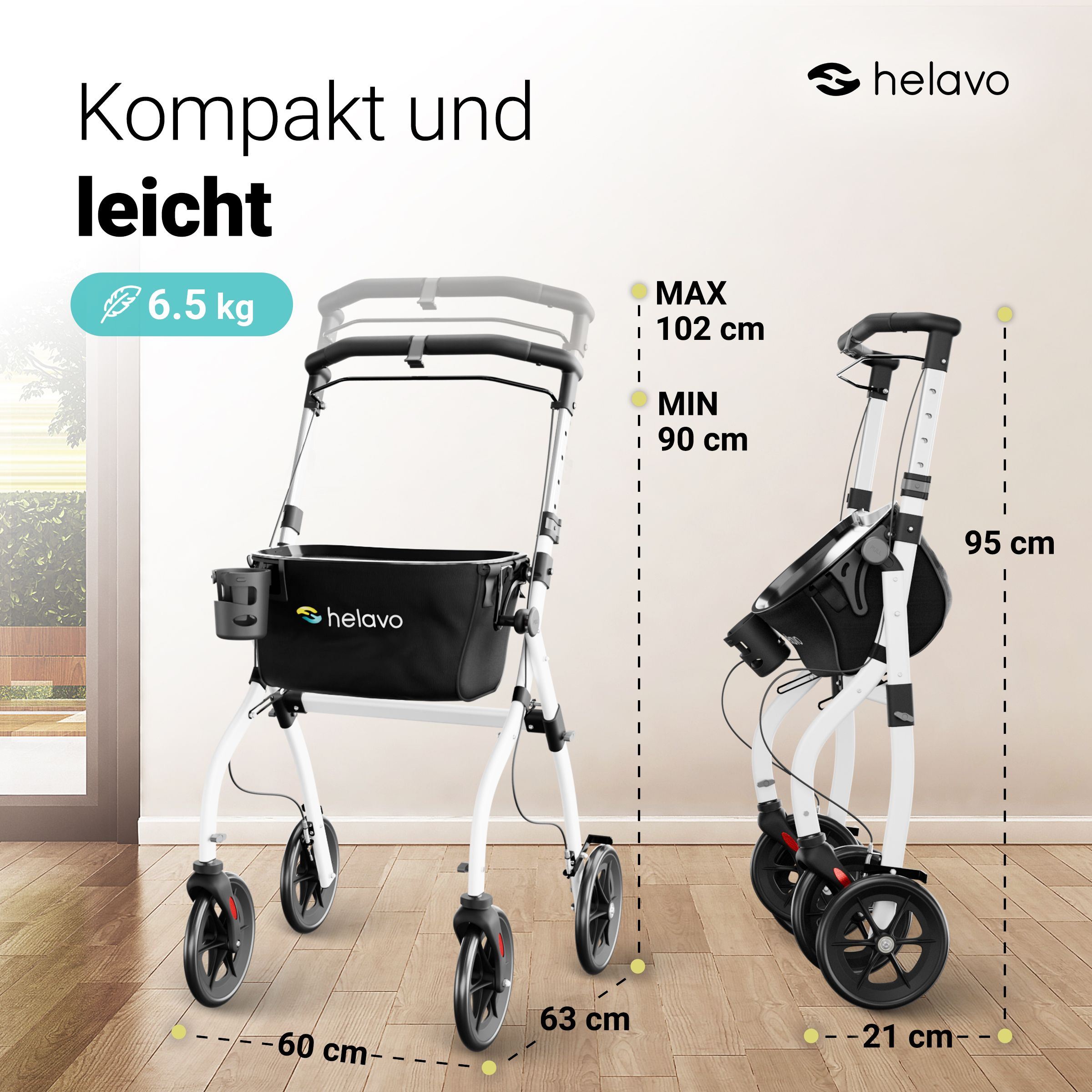 Rollator Helavo : déplié (60cm de large) et plié (21cm de large), 95cm de haut.