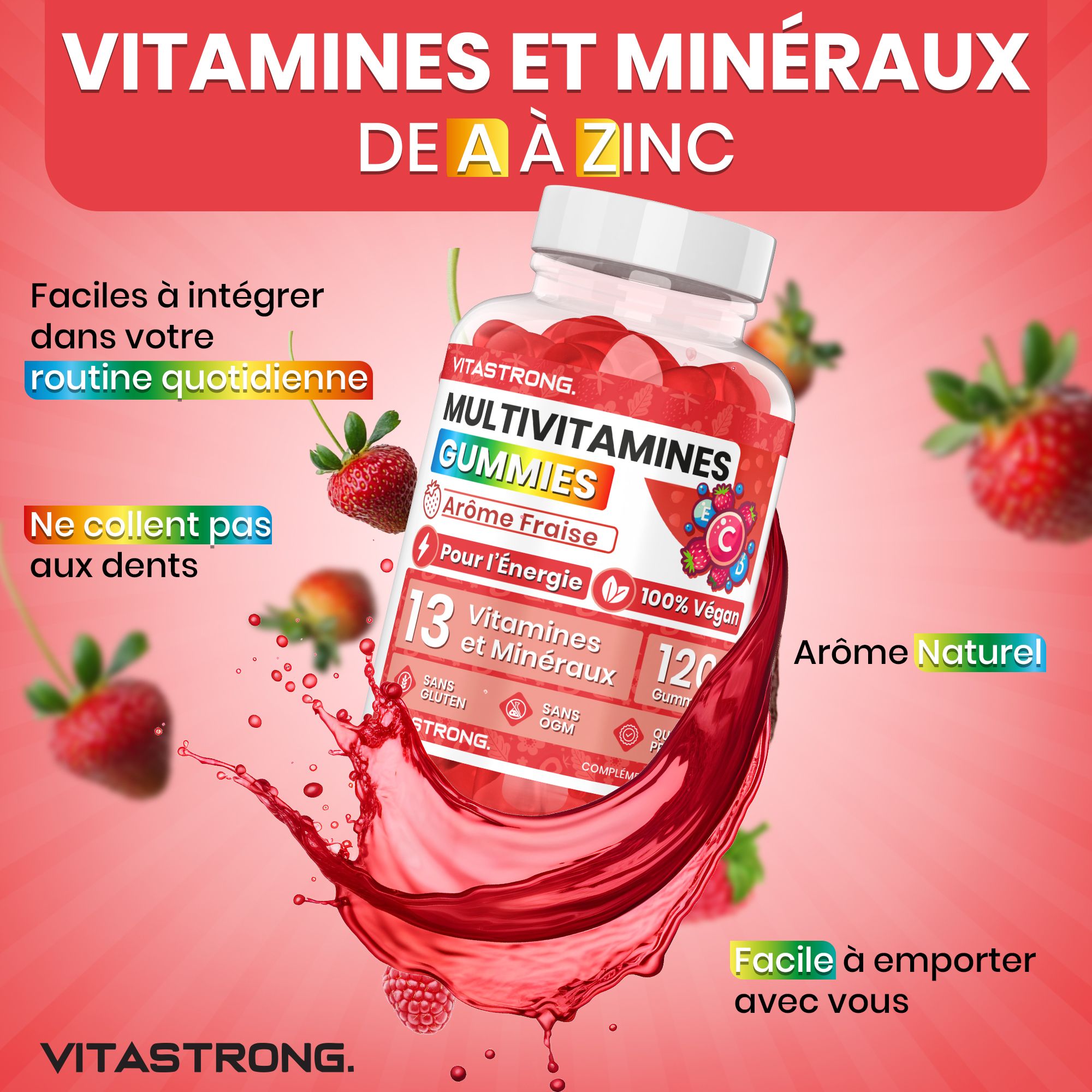 Vitastrong Multivitamine Gummies, aardbeiensmaak, 120 gummies. 13 vitamines & mineralen. Gemakkelijk in je dagelijkse routine te integreren.
