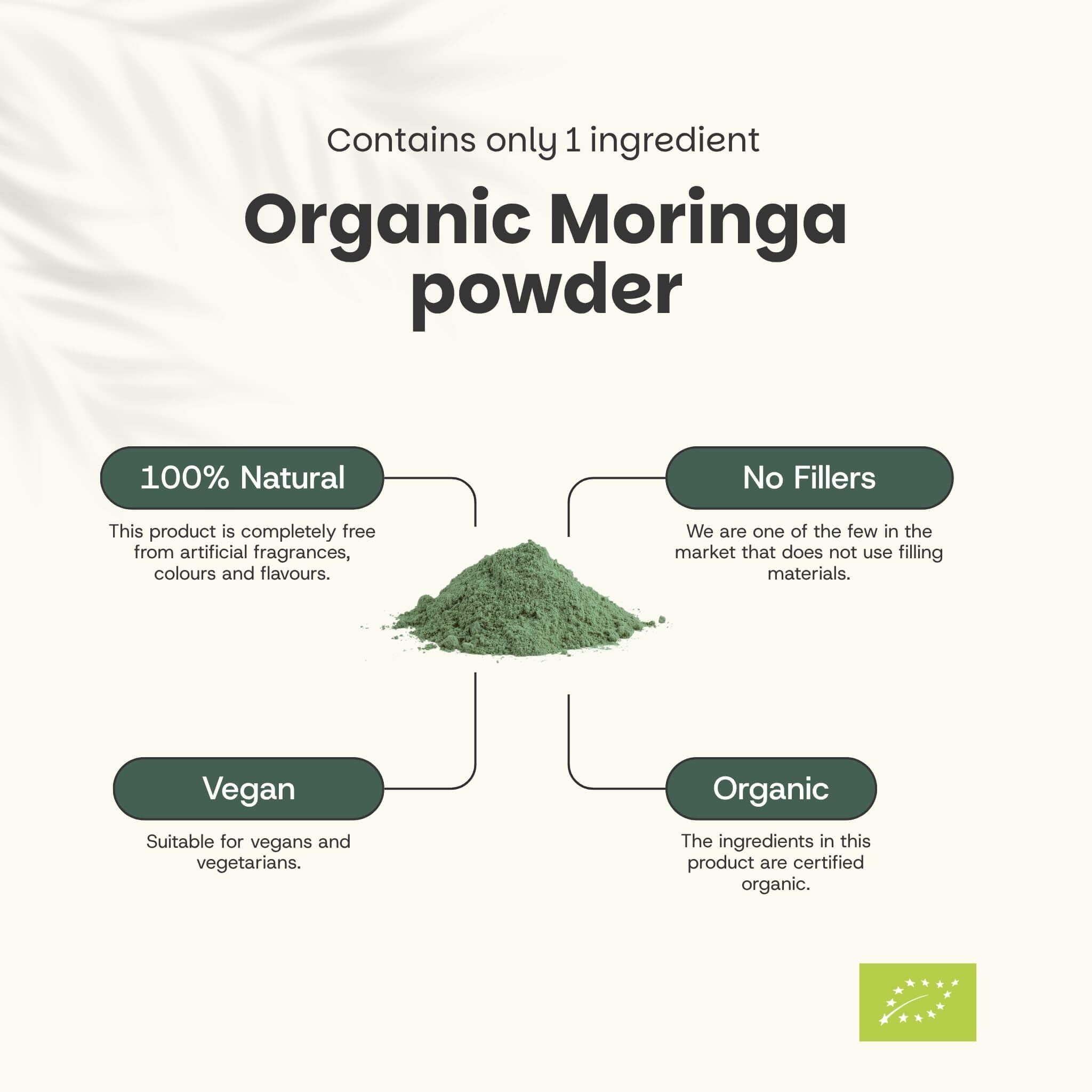 Poudre de moringa verte. Texte : 100% naturel, végétalien, sans charges, biologique. Certification UE.