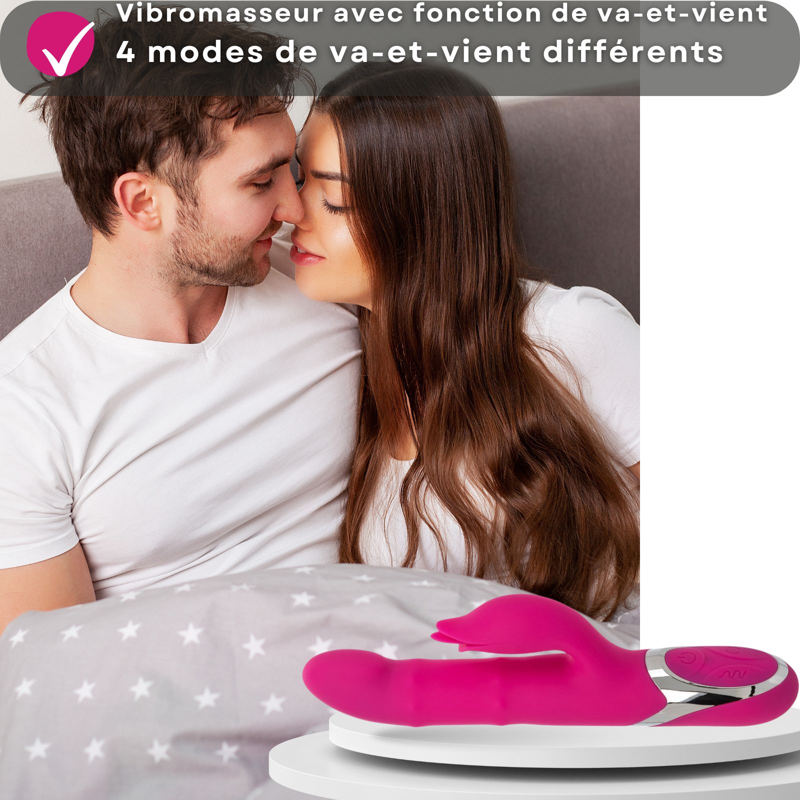 Vibrateur rose sur surface blanche. Couple se tient les mains. Texte: Fonction va-et-vient, 4 modes.