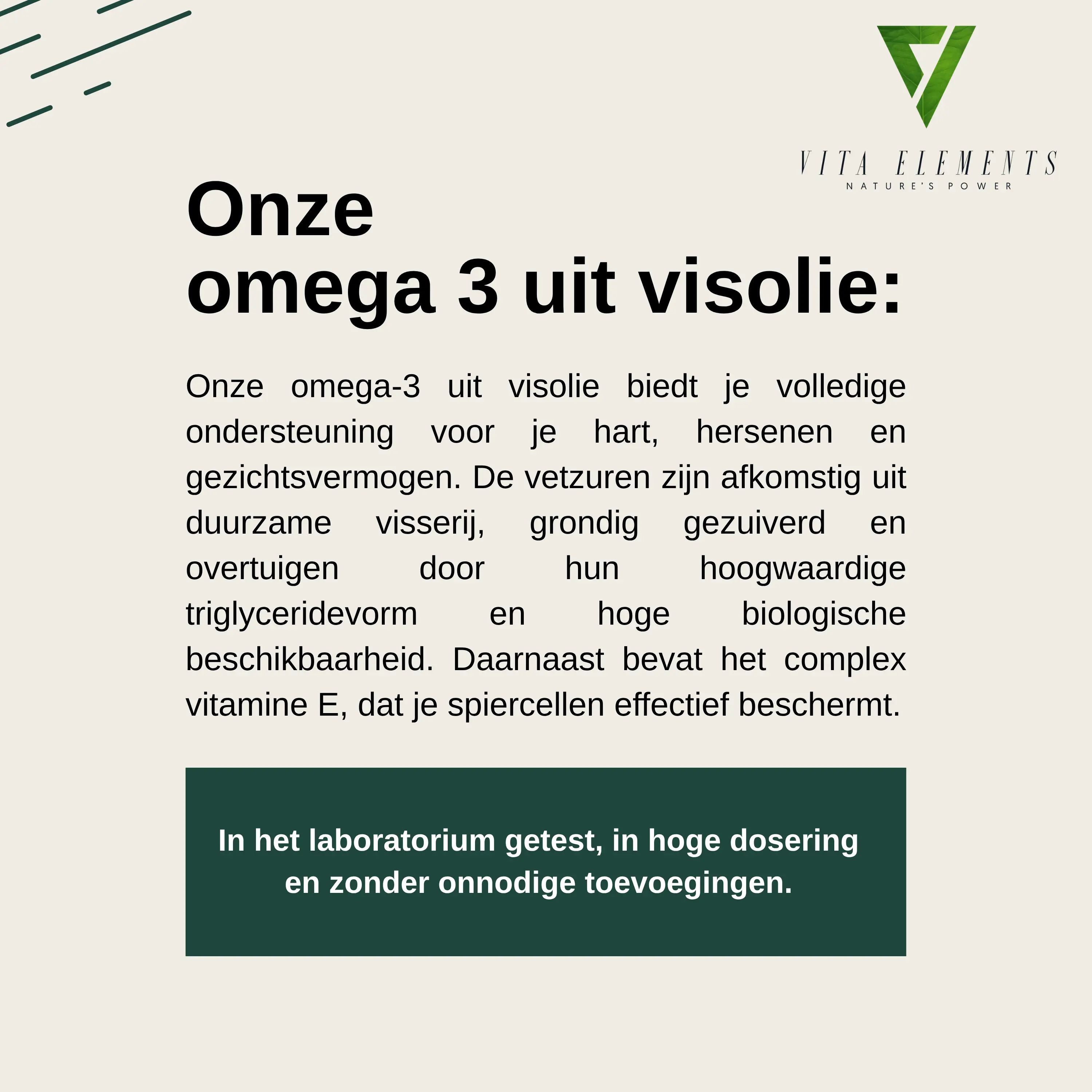 Fles omega-3 capsules. "In laboratorium getest", "Hoge dosering", "Zonder onnodige toevoegingen".