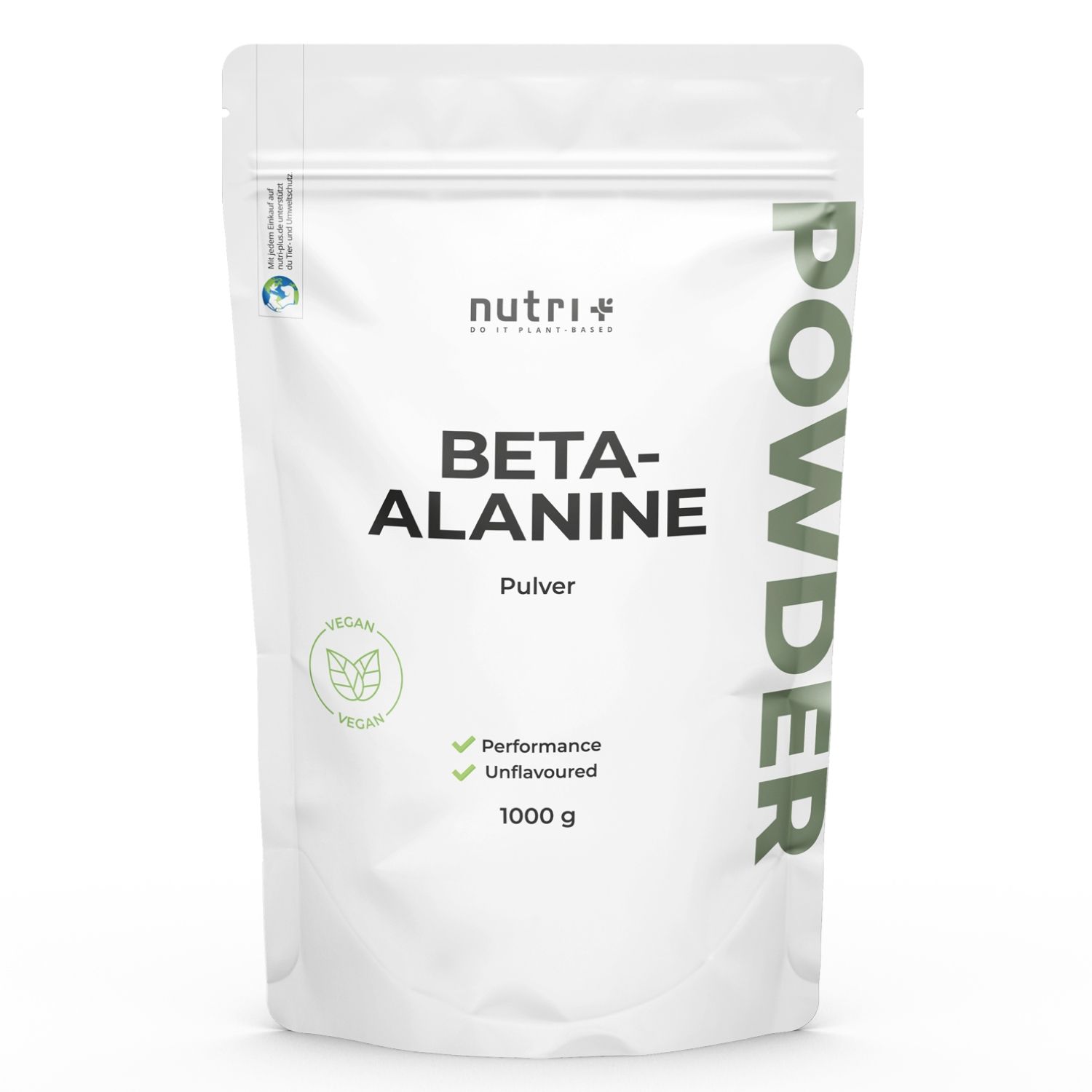 Emballage blanc avec poudre de bêta-alanine. Texte: Vegan, 1000 g, Performance, Unflavoured.