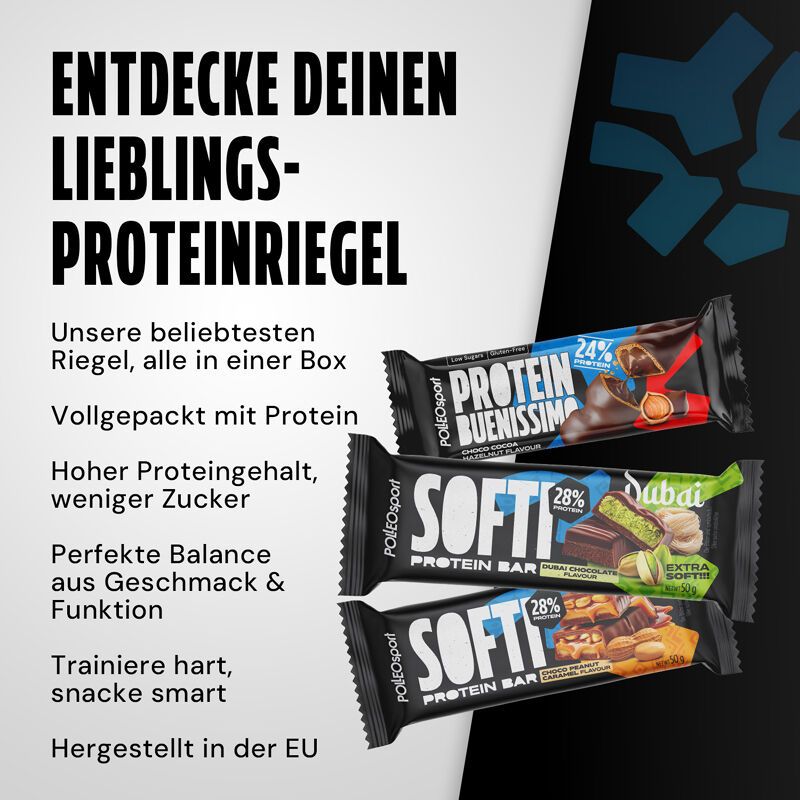 Drie verpakkingen van eiwitrepen. Tekst: PolleoSport, Protein Buenissimo, Softi Protein Bar. Opschrift: 24%, 28%. Achtergrond: zwart, wit.