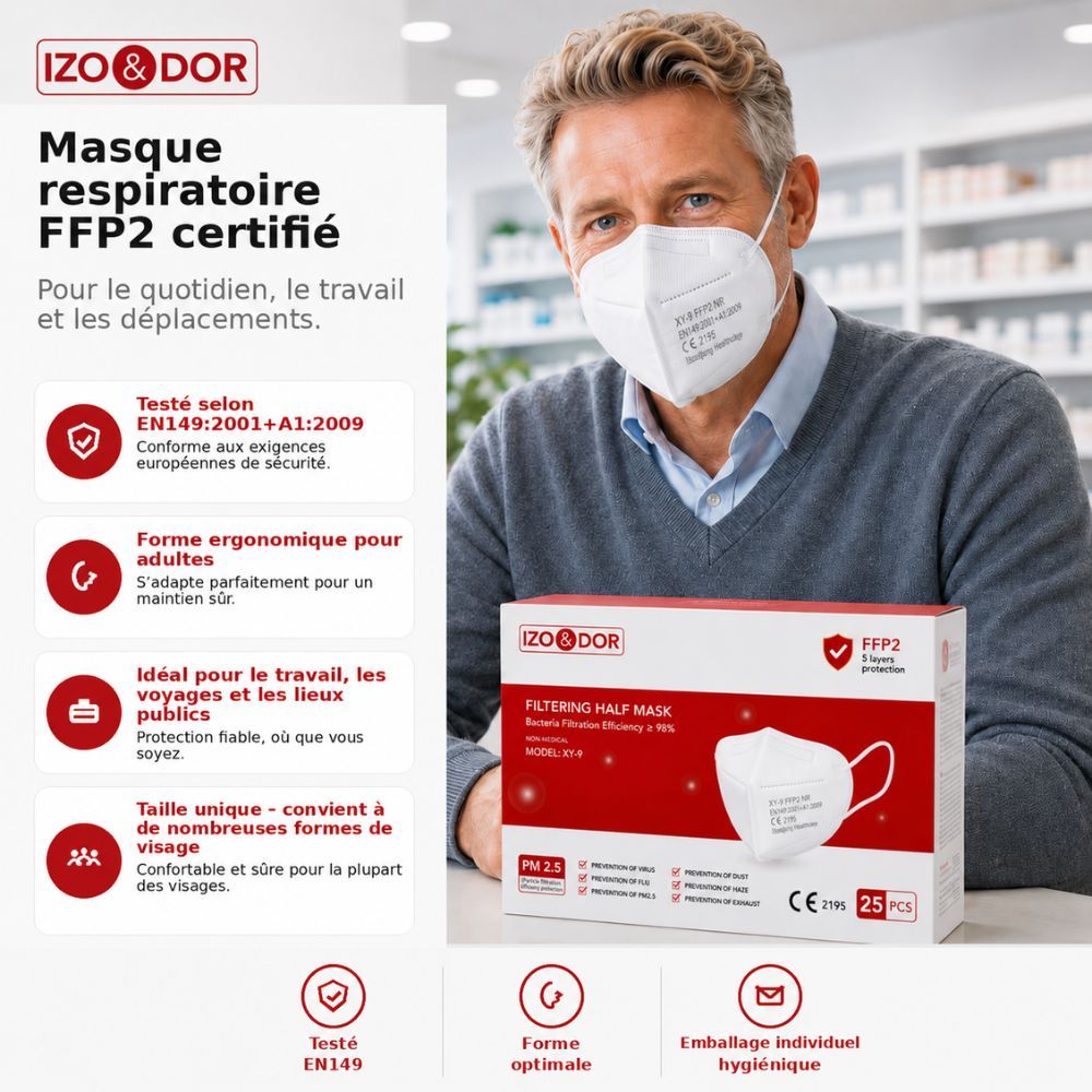 Arrière de l'emballage d'un masque FFP2 avec informations produit, dimensions et détails du fabricant.