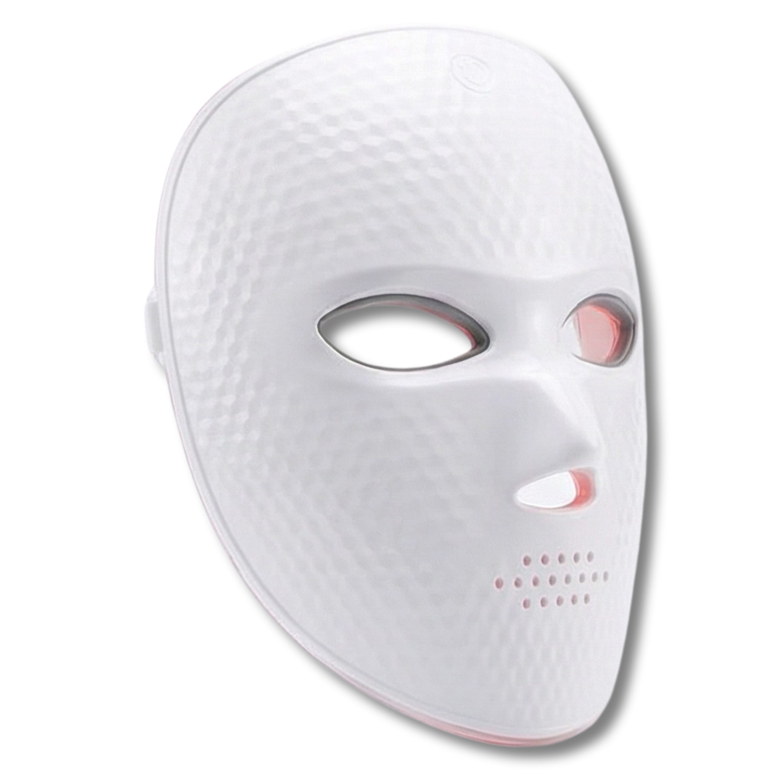 Wit LED-gezichtsmasker met honingraatoppervlak. Opening voor ogen, neus en mond. Roze licht.