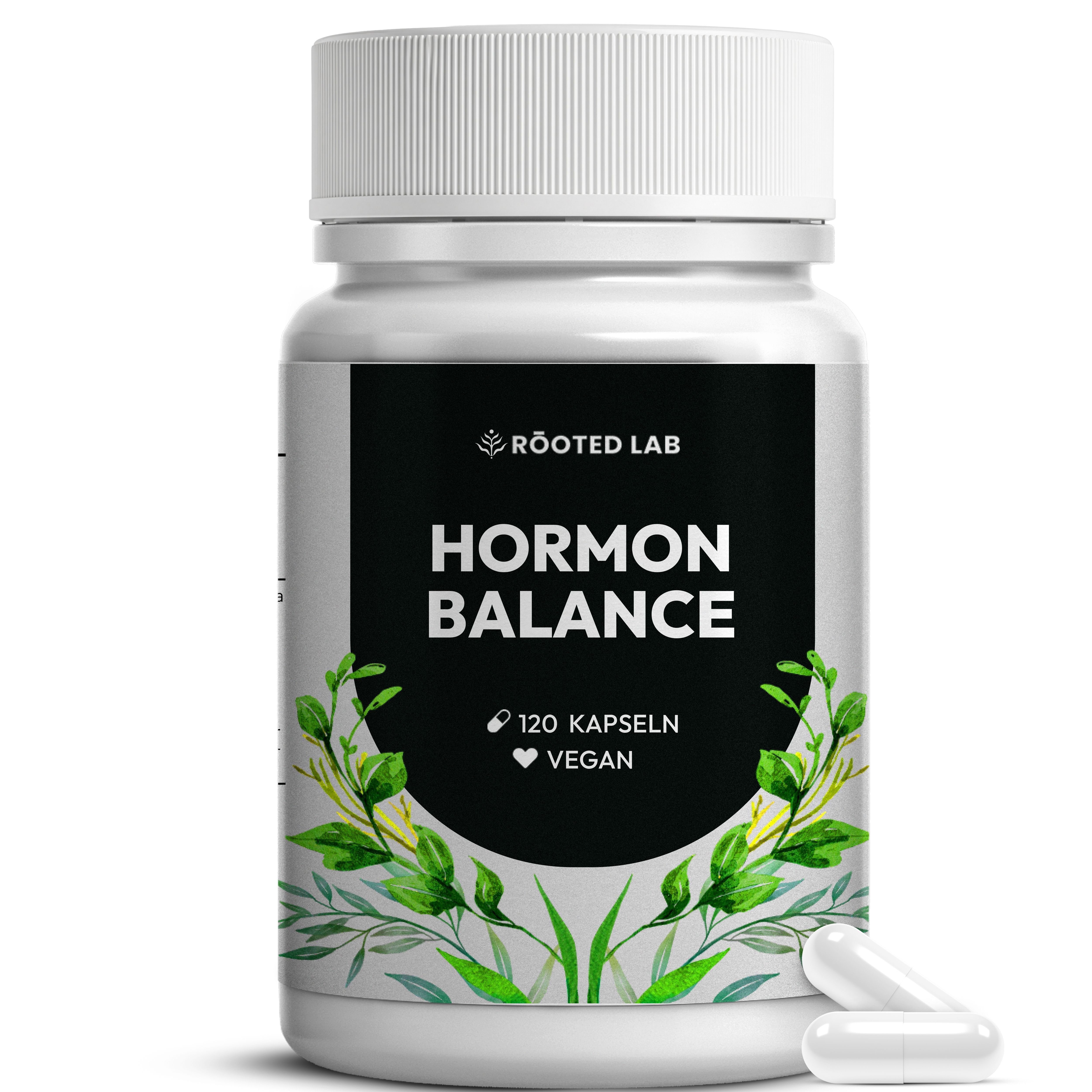Gélules Hormon Balance : Bouteille blanche avec étiquette noire, 120 gélules, végan.