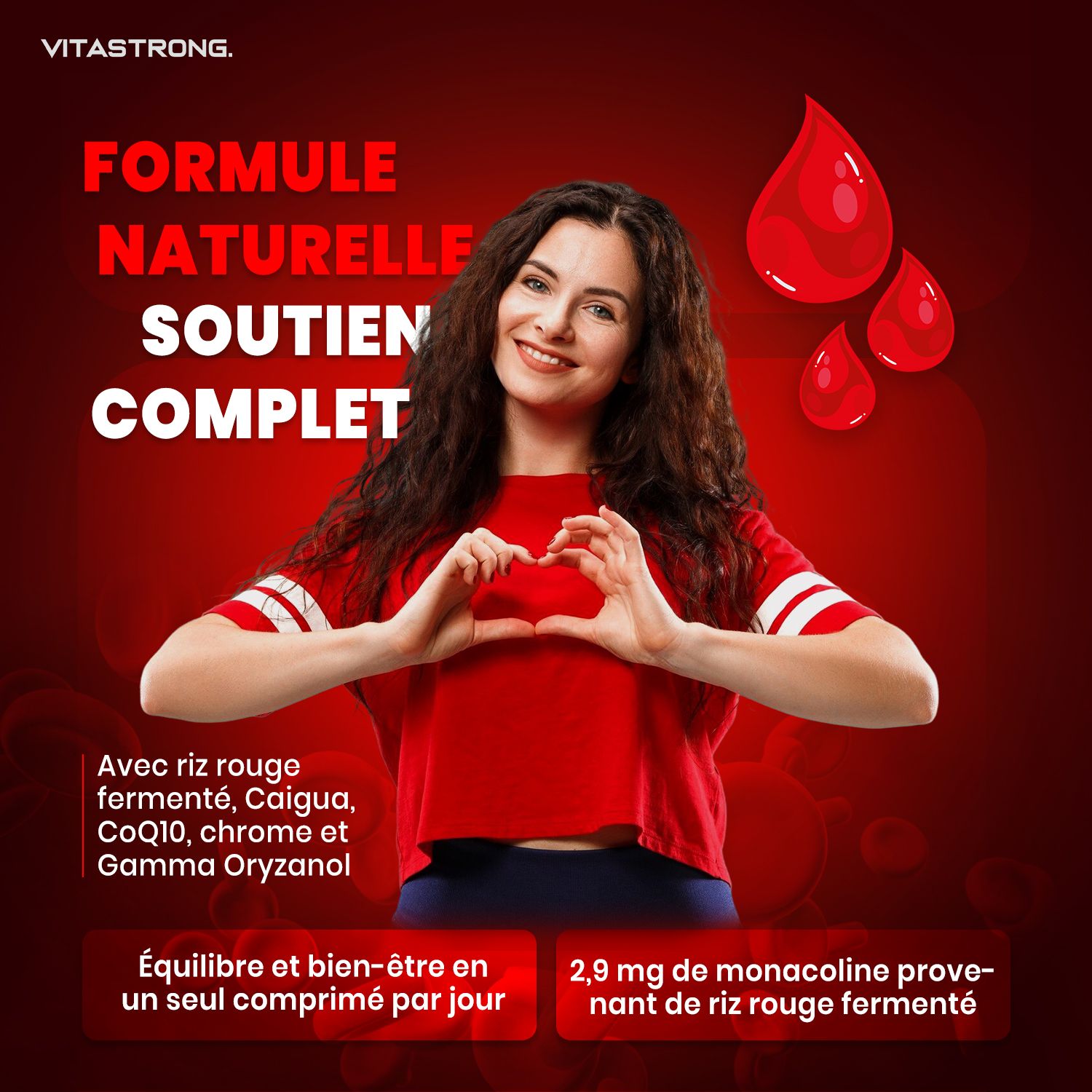 Vrouw met hartgebaar. Tekst: Natuurlijke formule, uitgebreide ondersteuning. Met gefermenteerde rode rijst, Caigua, CoQ10, chroom en gamma-oryzanol.